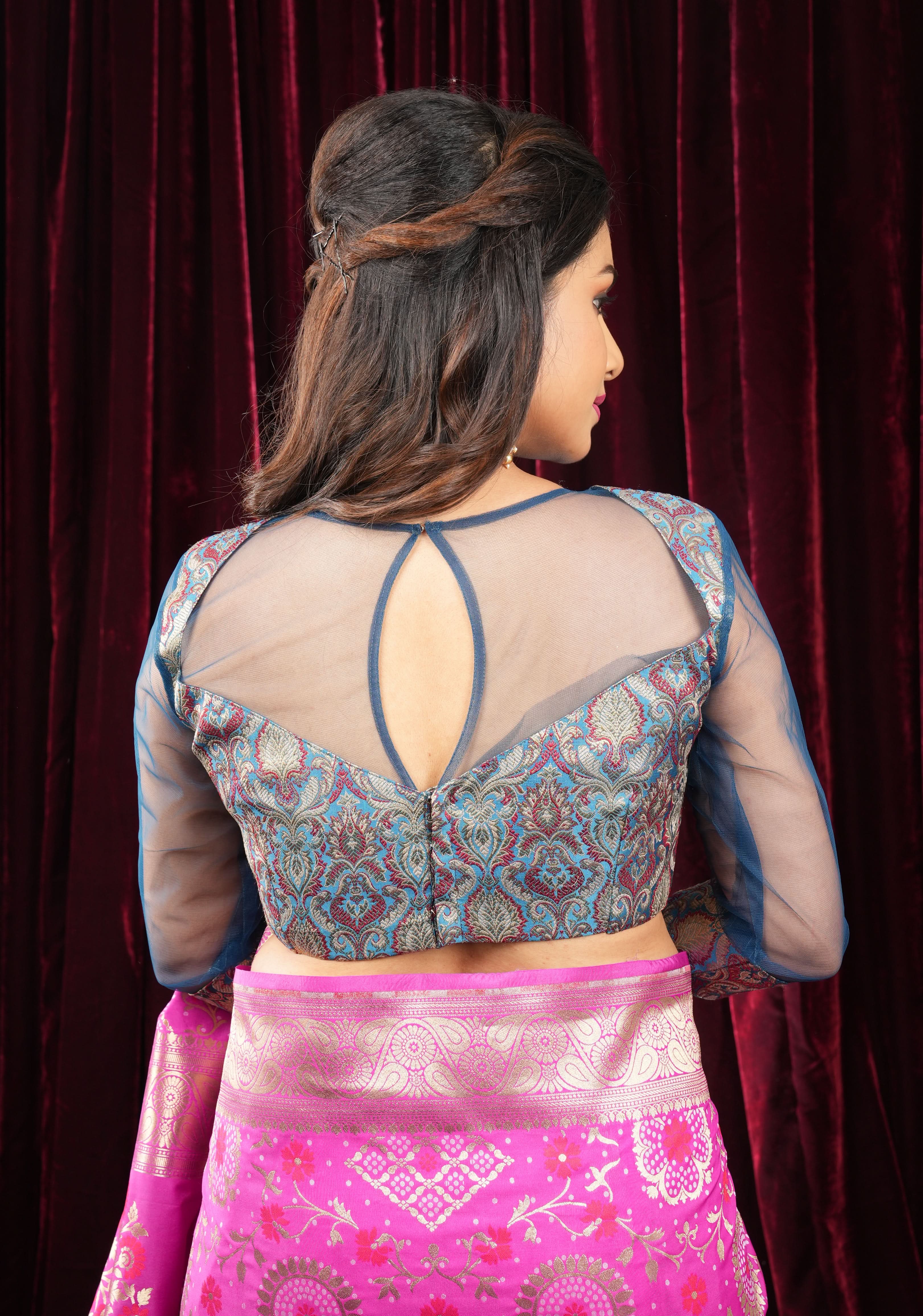 Blue Meenakari Banarasi Brocade Blouse  With Sheer Yoke and Sleeves | Shobitam
