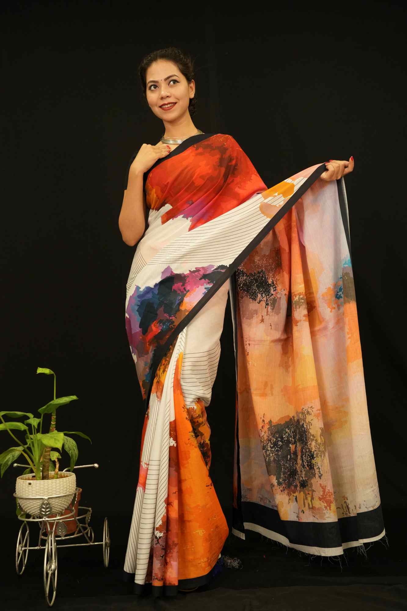 Abstract  Multi Printed Pure Cotton With Black Solid Border Wrap In One Minute Saree