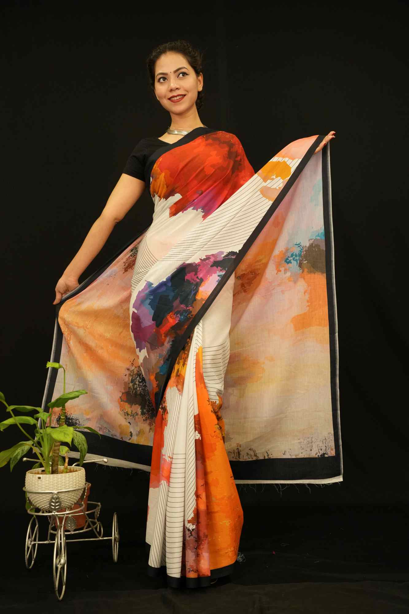 Abstract  Multi Printed Pure Cotton With Black Solid Border Wrap In One Minute Saree