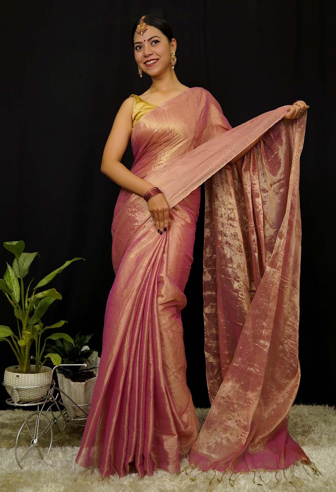Beautiful Onion Pink  Dhoop Chaav Metallic Tissue  With Tassels on Pallu Wrap In One Minute saree