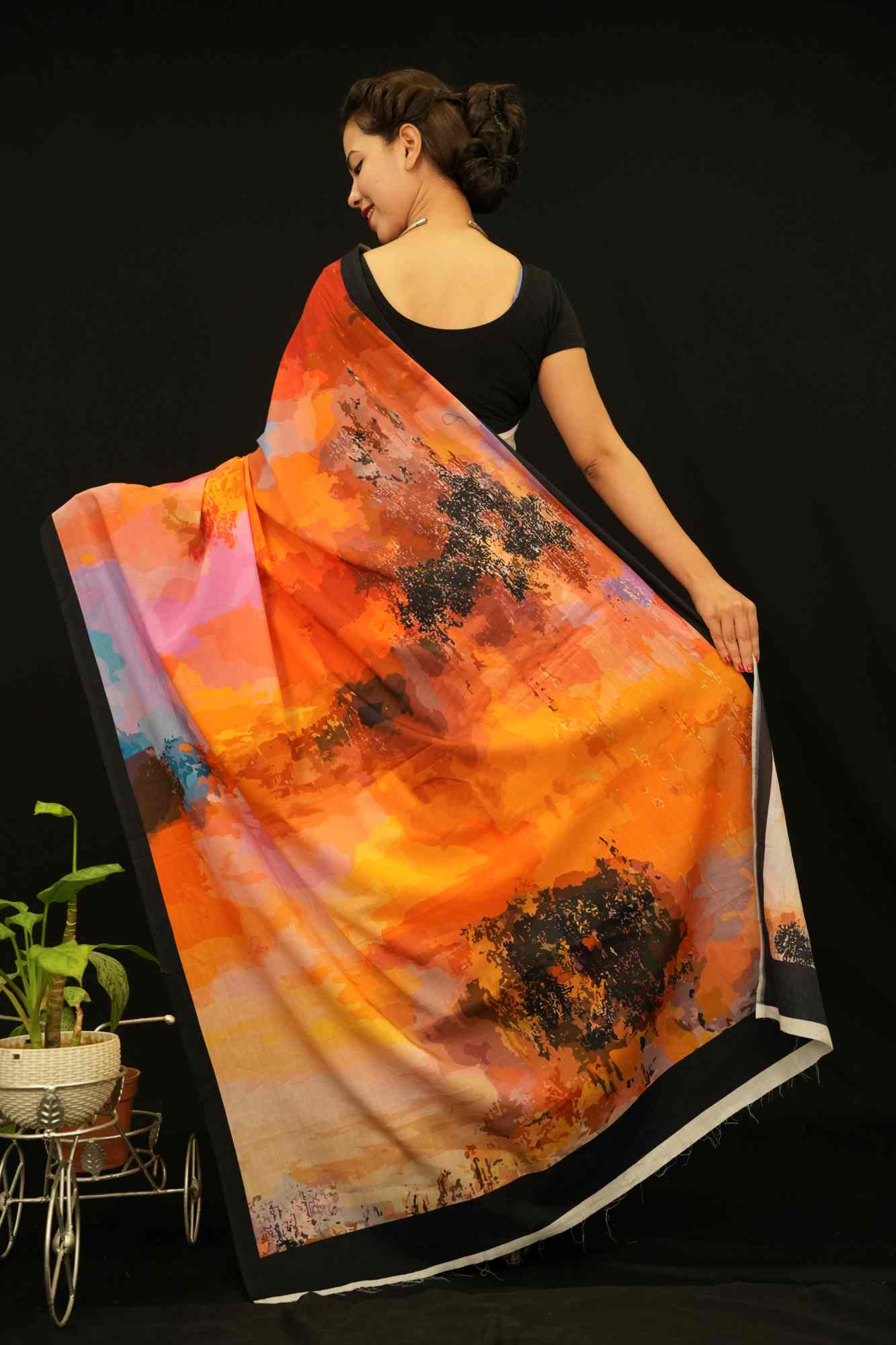 Abstract  Multi Printed Pure Cotton With Black Solid Border Wrap In One Minute Saree