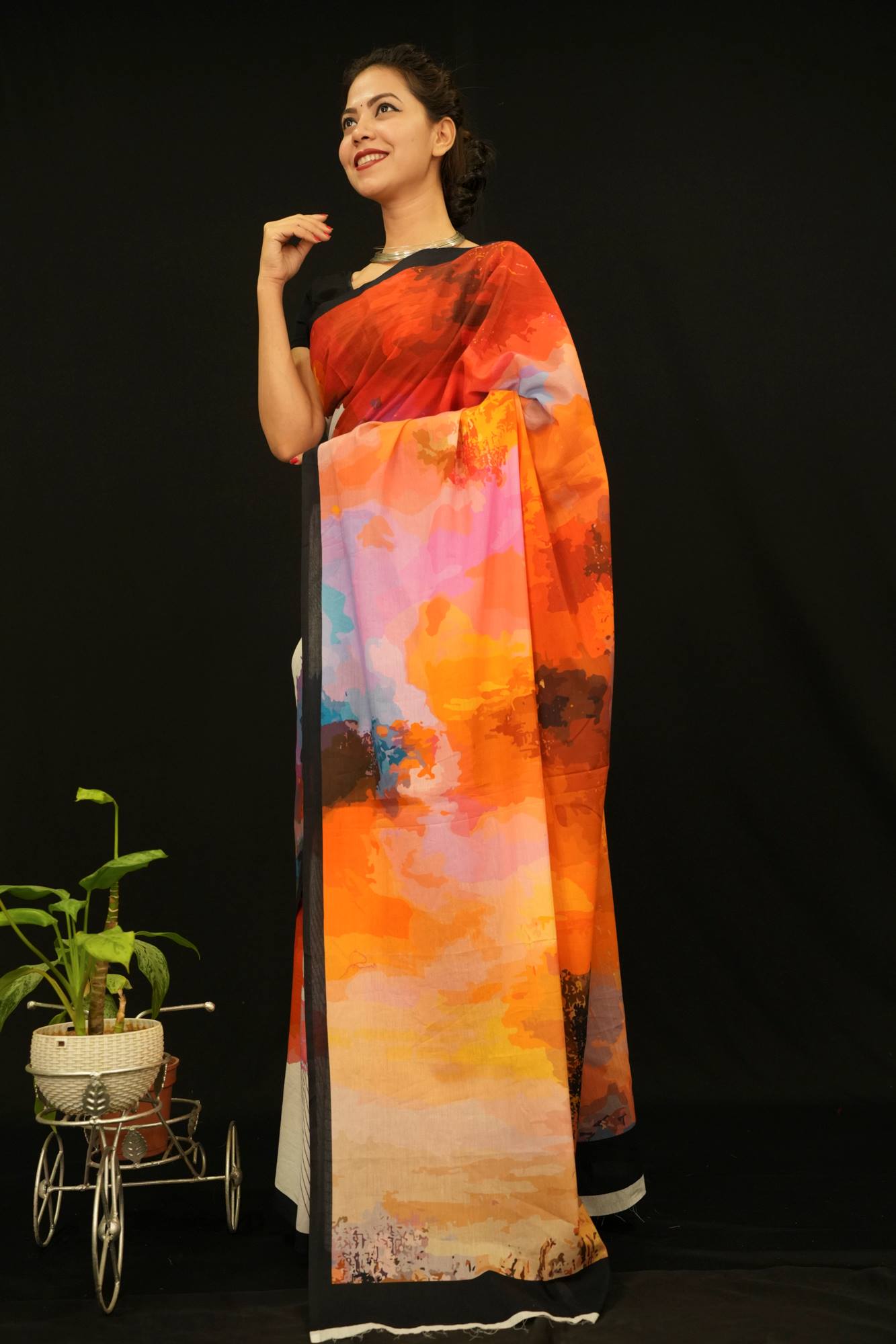 Abstract  Multi Printed Pure Cotton With Black Solid Border Wrap In One Minute Saree