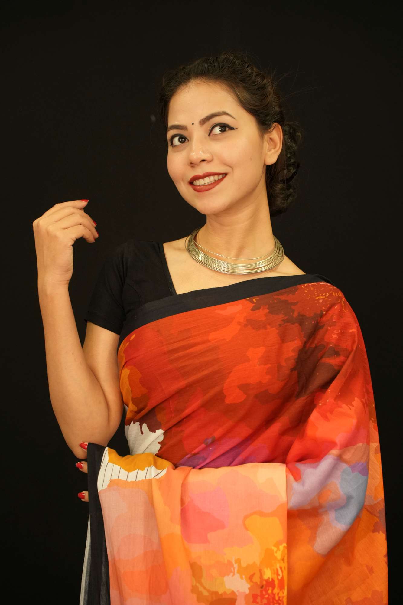 Abstract  Multi Printed Pure Cotton With Black Solid Border Wrap In One Minute Saree