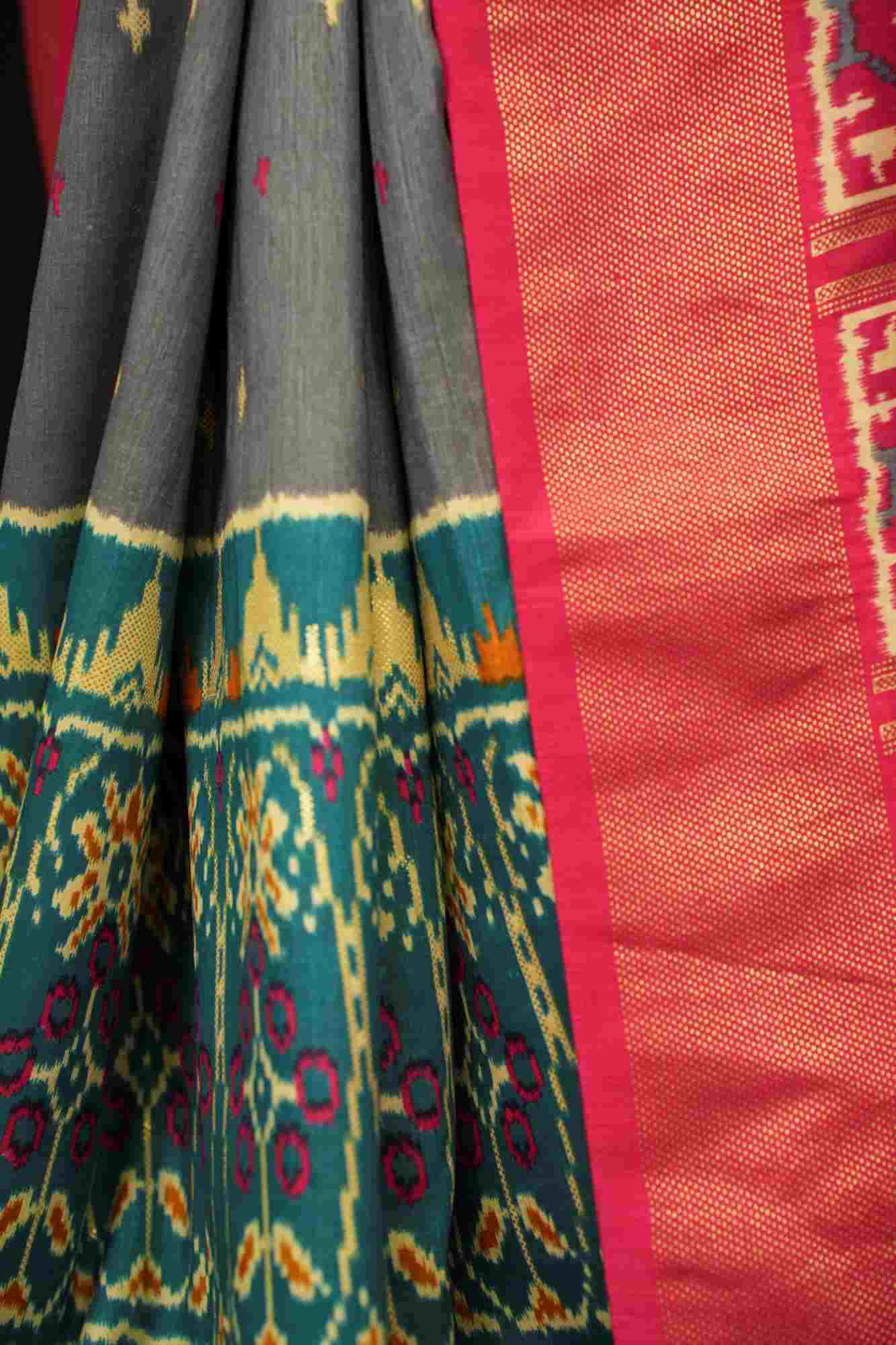 Ikat Border Patola Printed With Cotton Silk & Pink Designer Pallu Wrap in 1 Minute Saree.