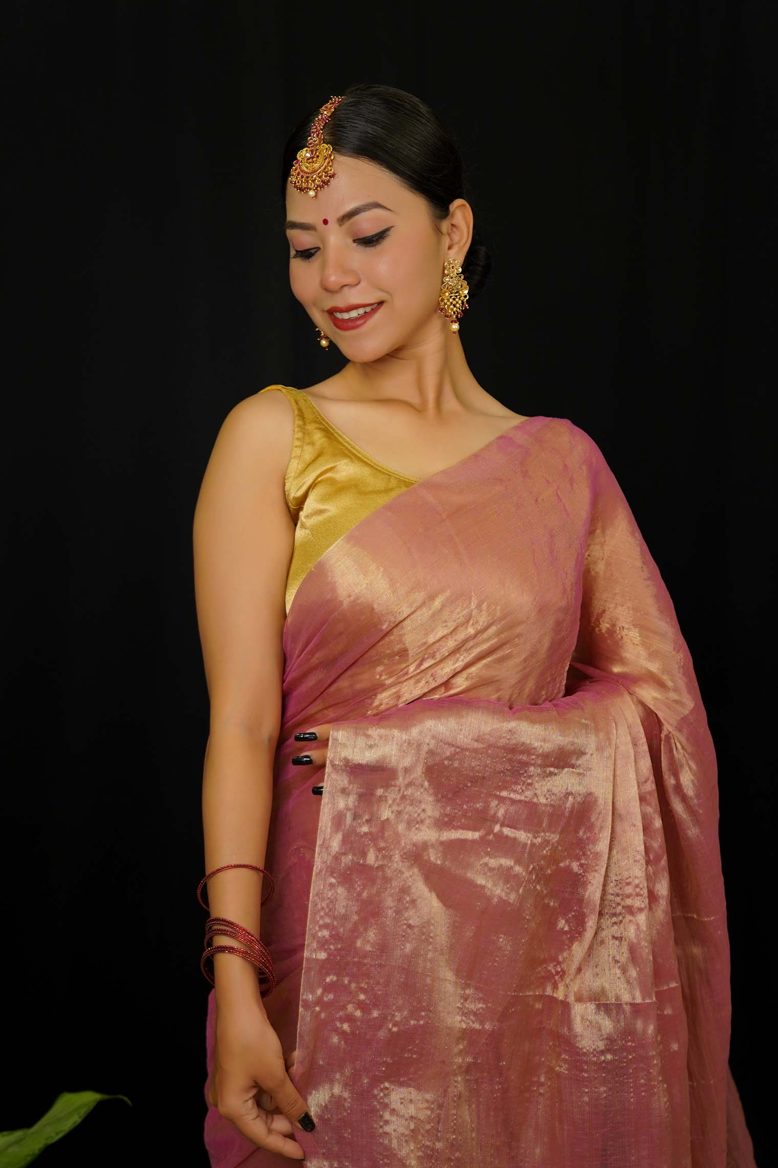 Beautiful Onion Pink  Dhoop Chaav Metallic Tissue  With Tassels on Pallu Wrap In One Minute saree