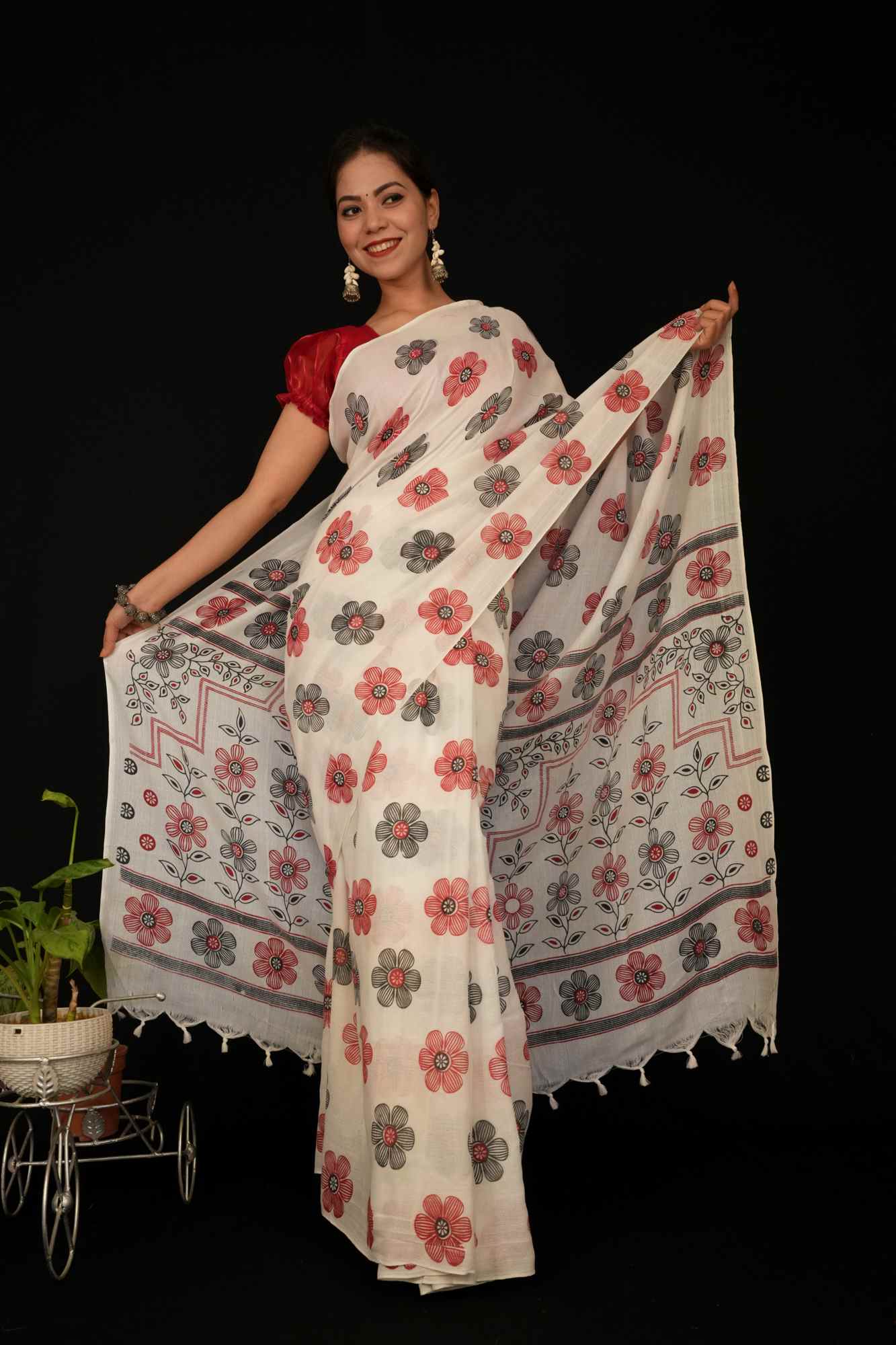 Ready to Wear White Floral Mul Mul Cotton With Tassels Wrap in 1 minute Saree