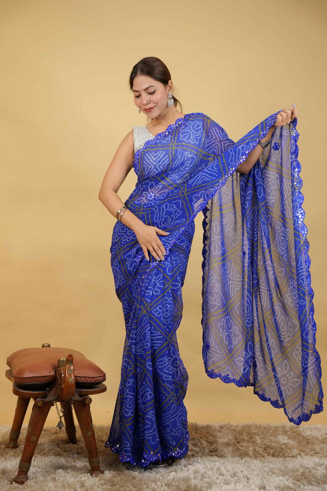 Bandhani Inspired Printed with Elegant Mirror work Border Ready to Wear Saree