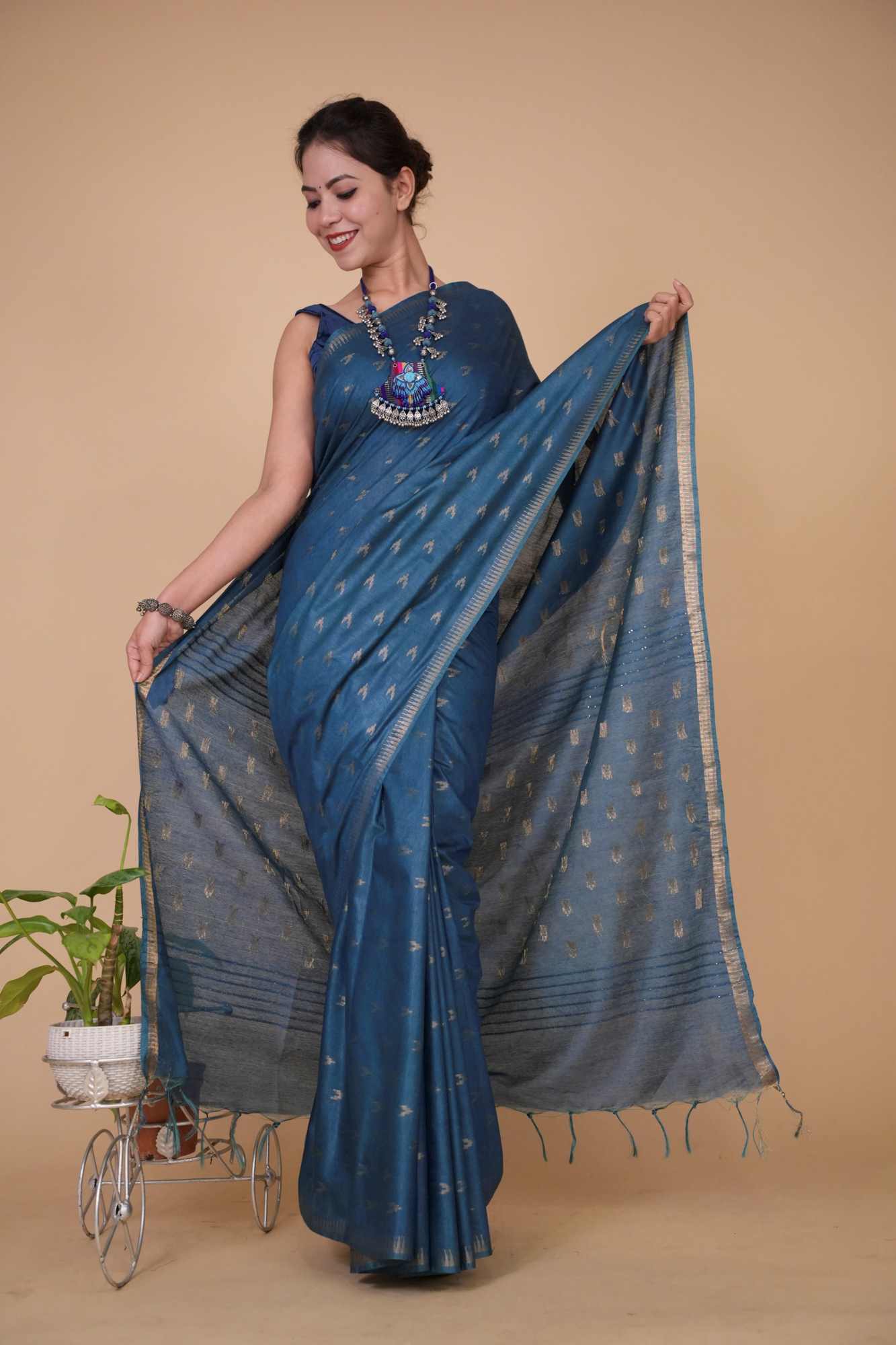 Teal Blue Cotton Silk With Zari Buttas Overall & Tassels Ready To Wear Saree