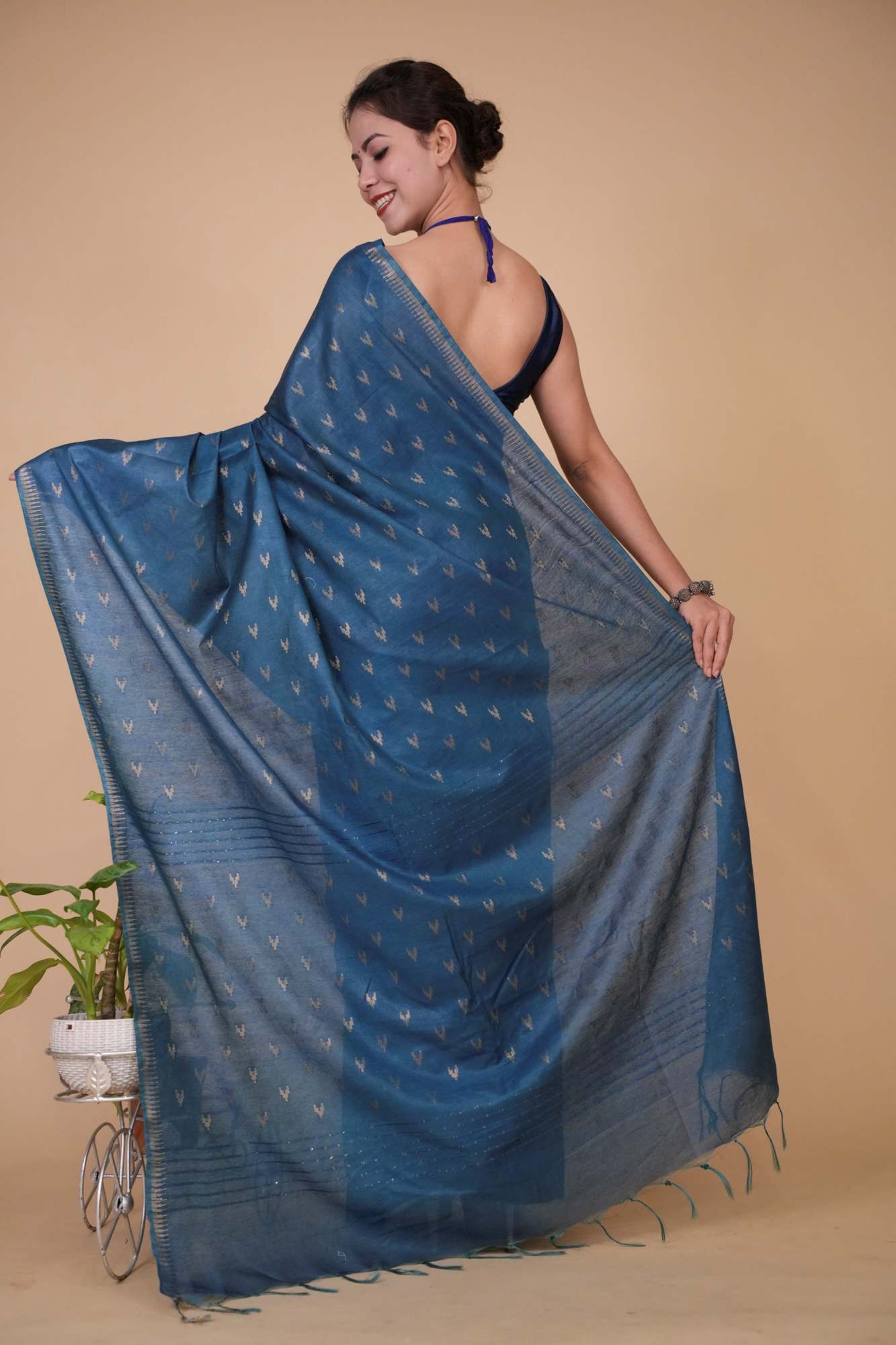 Teal Blue Cotton Silk With Zari Buttas Overall & Tassels Ready To Wear Saree