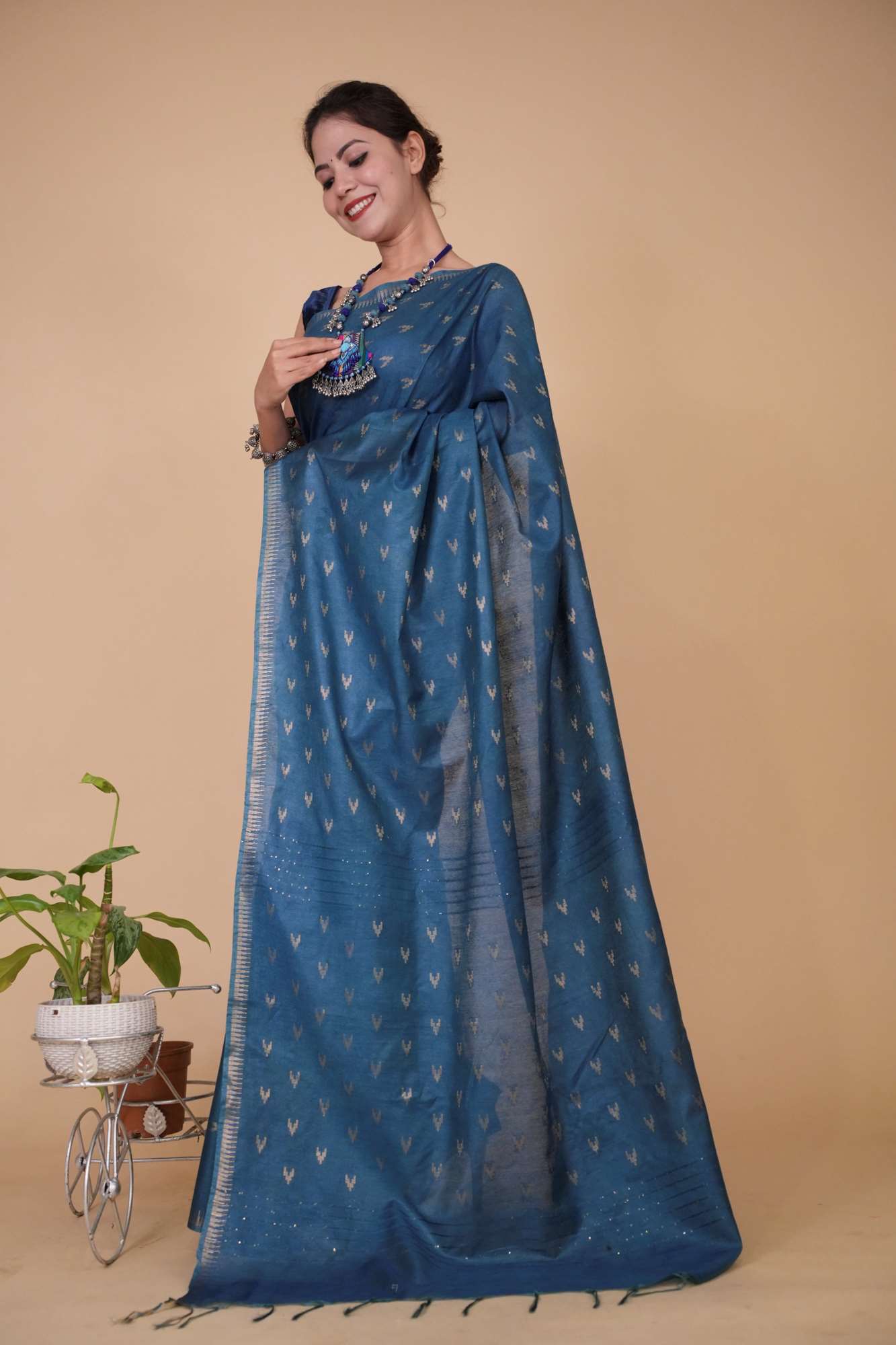 Teal Blue Cotton Silk With Zari Buttas Overall & Tassels Ready To Wear Saree