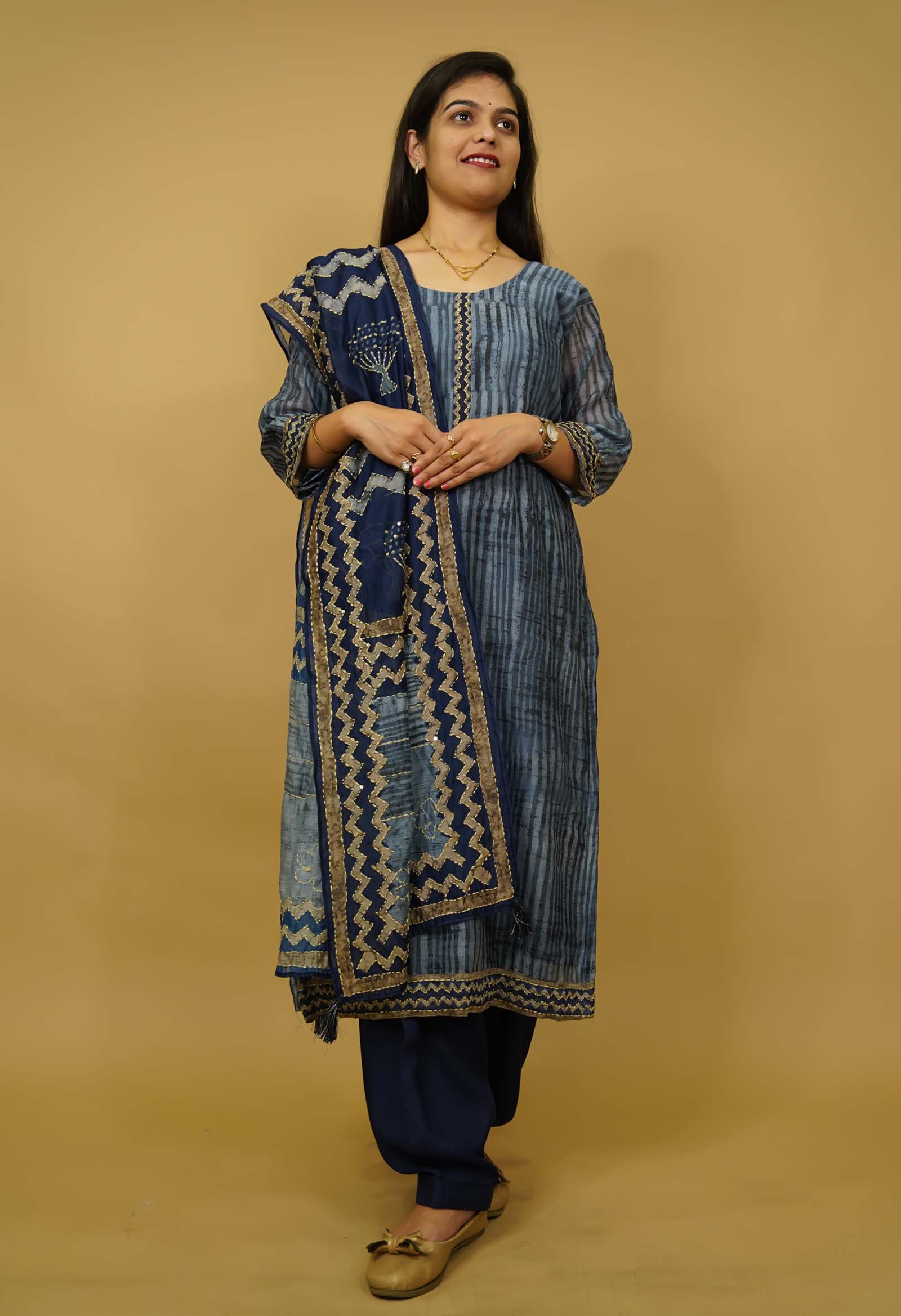 All Sizes Available in Kantha Stitch Indigo Blue Premium Salwar Kameez with ornate dupatta