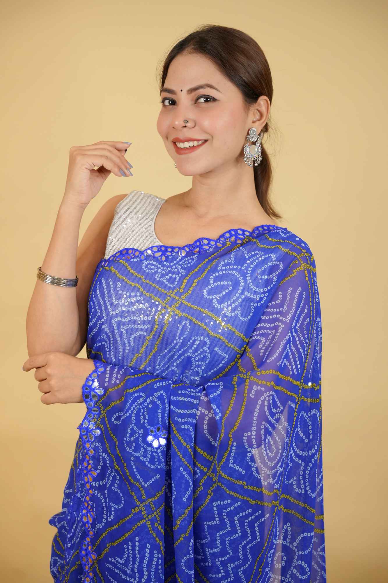 Bandhani Inspired Printed with Elegant Mirror work Border Ready to Wear Saree
