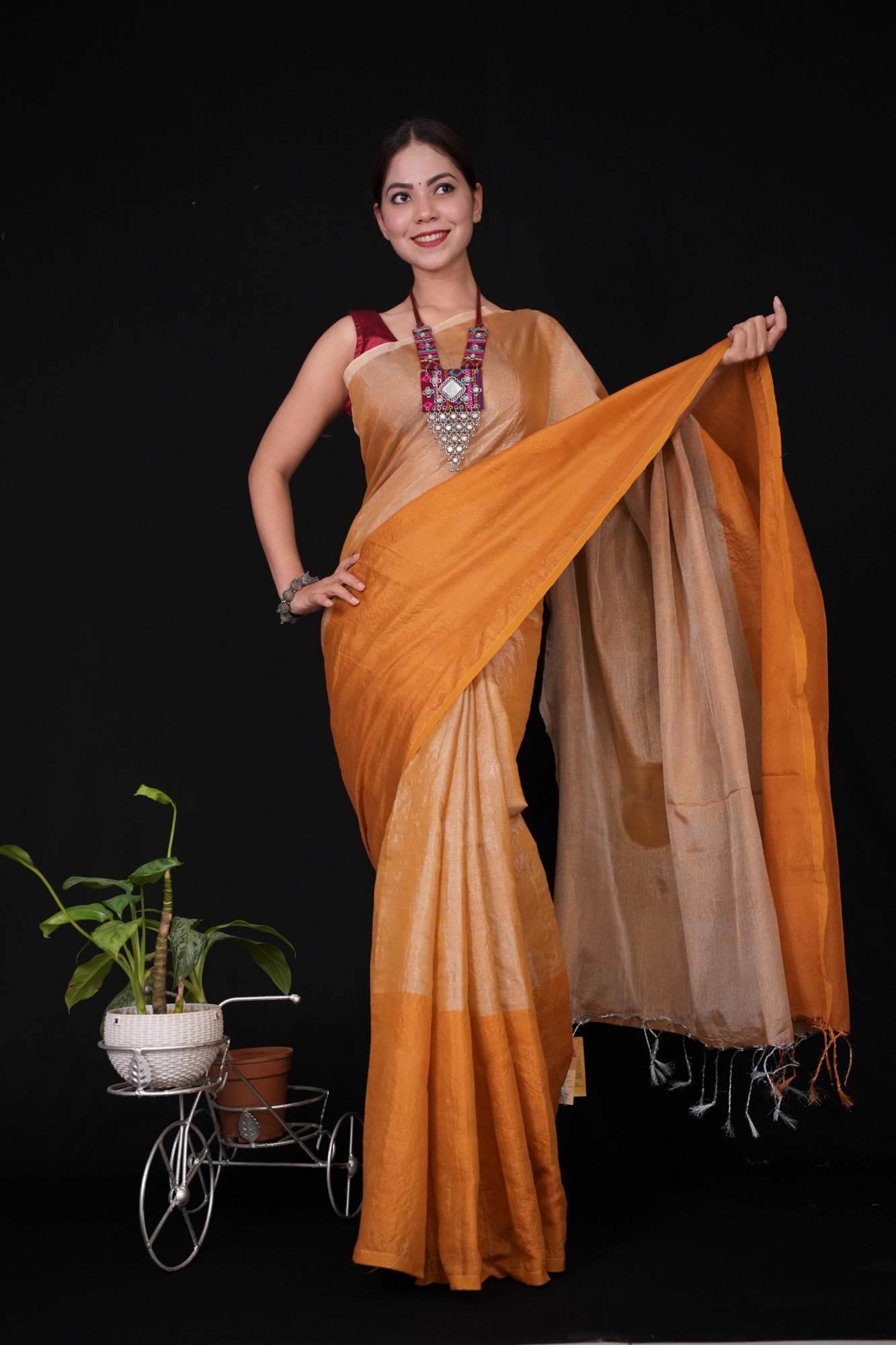 Tissue Zari Handloom Solid With Big Border & Tassels Ready To Wear Saree