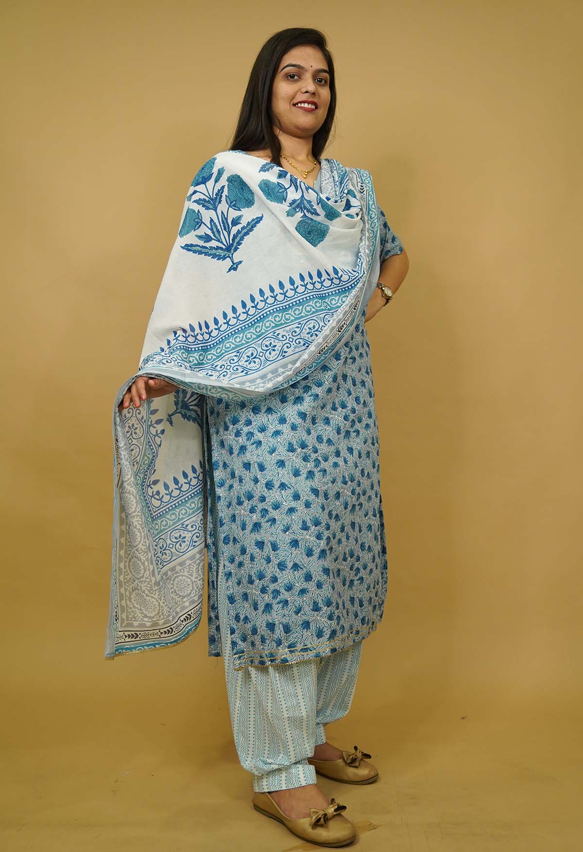 Cool On Summer Sky Blue Cotton With Beautiful  floral Block Print on kurti & dupatta