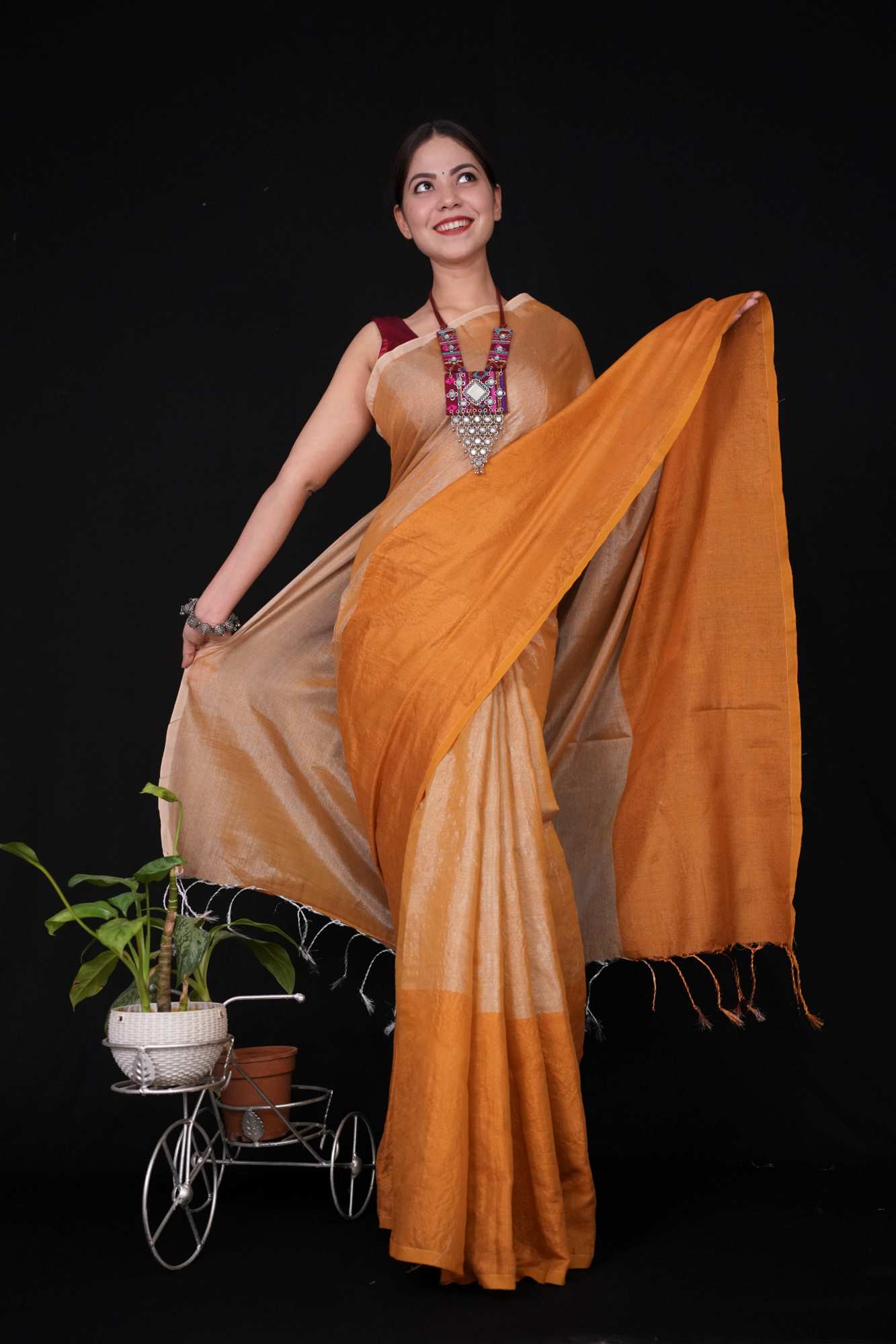 Tissue Zari Handloom Solid With Big Border & Tassels Ready To Wear Saree