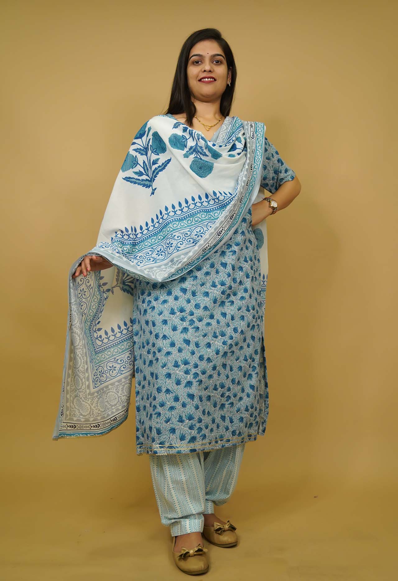 Cool On Summer Sky Blue Cotton With Beautiful  floral Block Print on kurti & dupatta