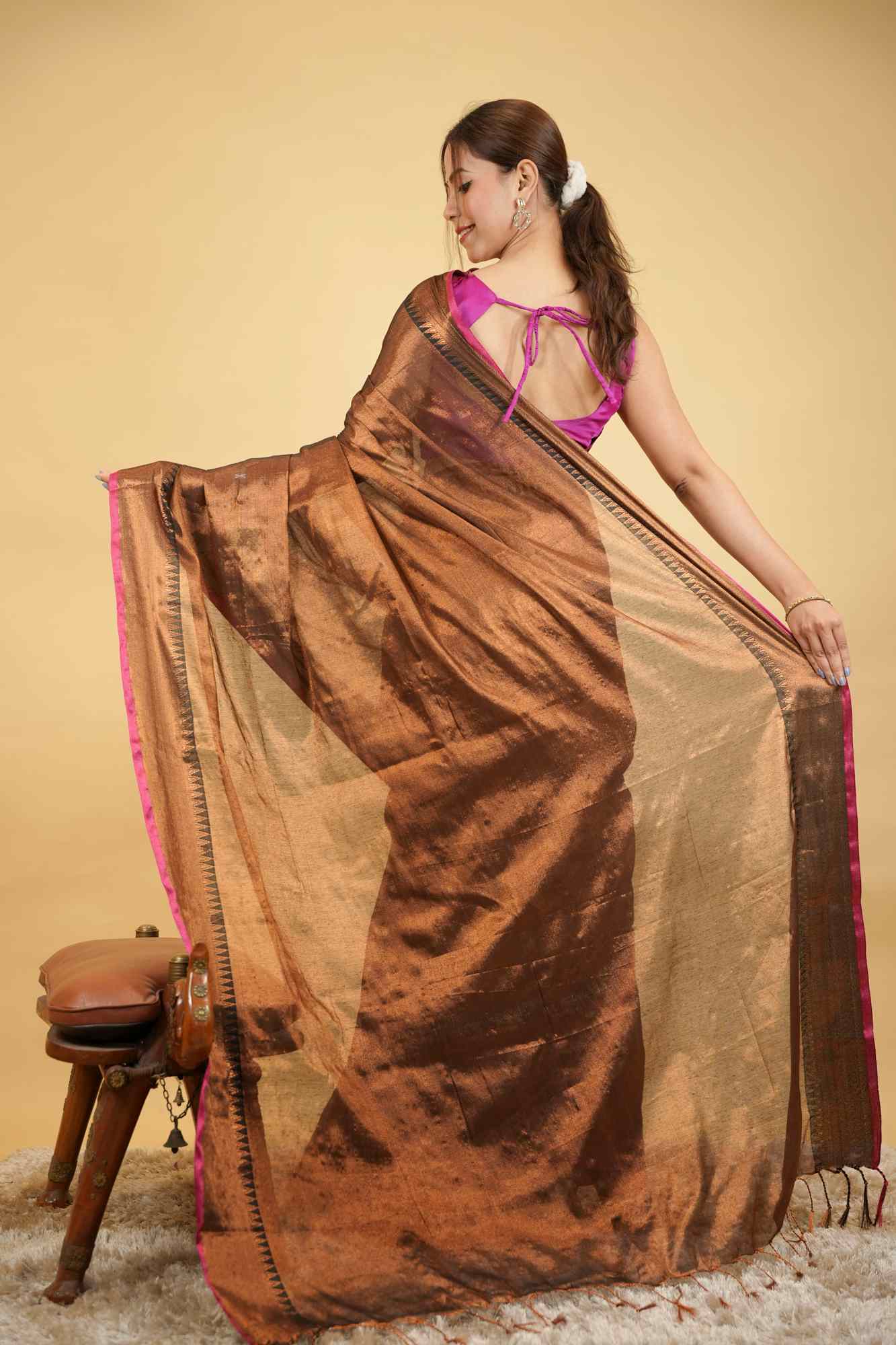 Elegant Zari Woven Traditional Tissue Ready-to-Wear Saree