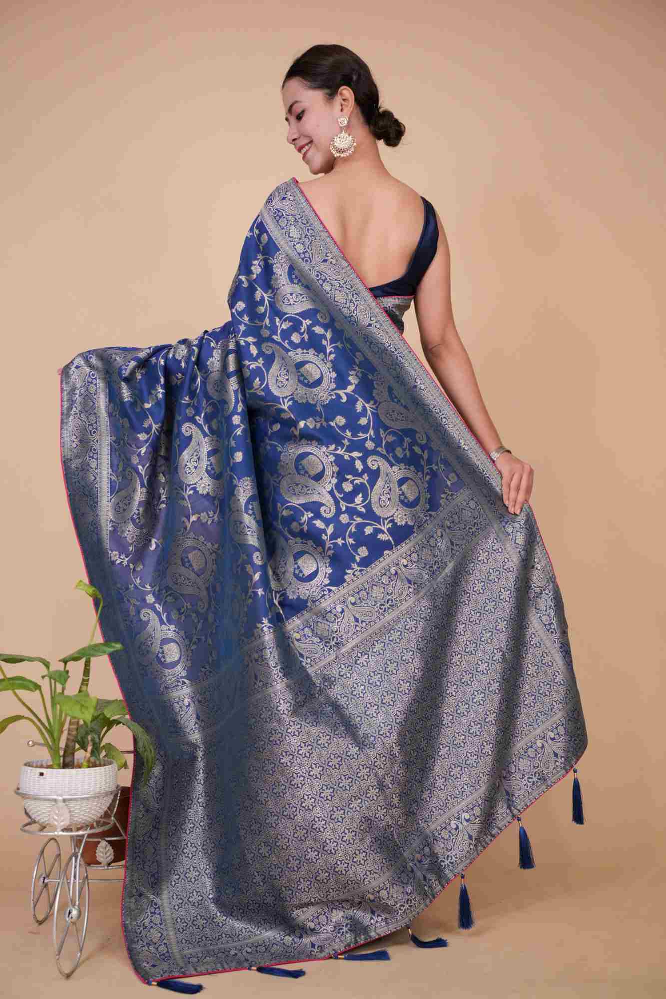 Teal Woven Silk Banarasi Jacquard With Ornate Palla & Tassels Ready To Wear Saree