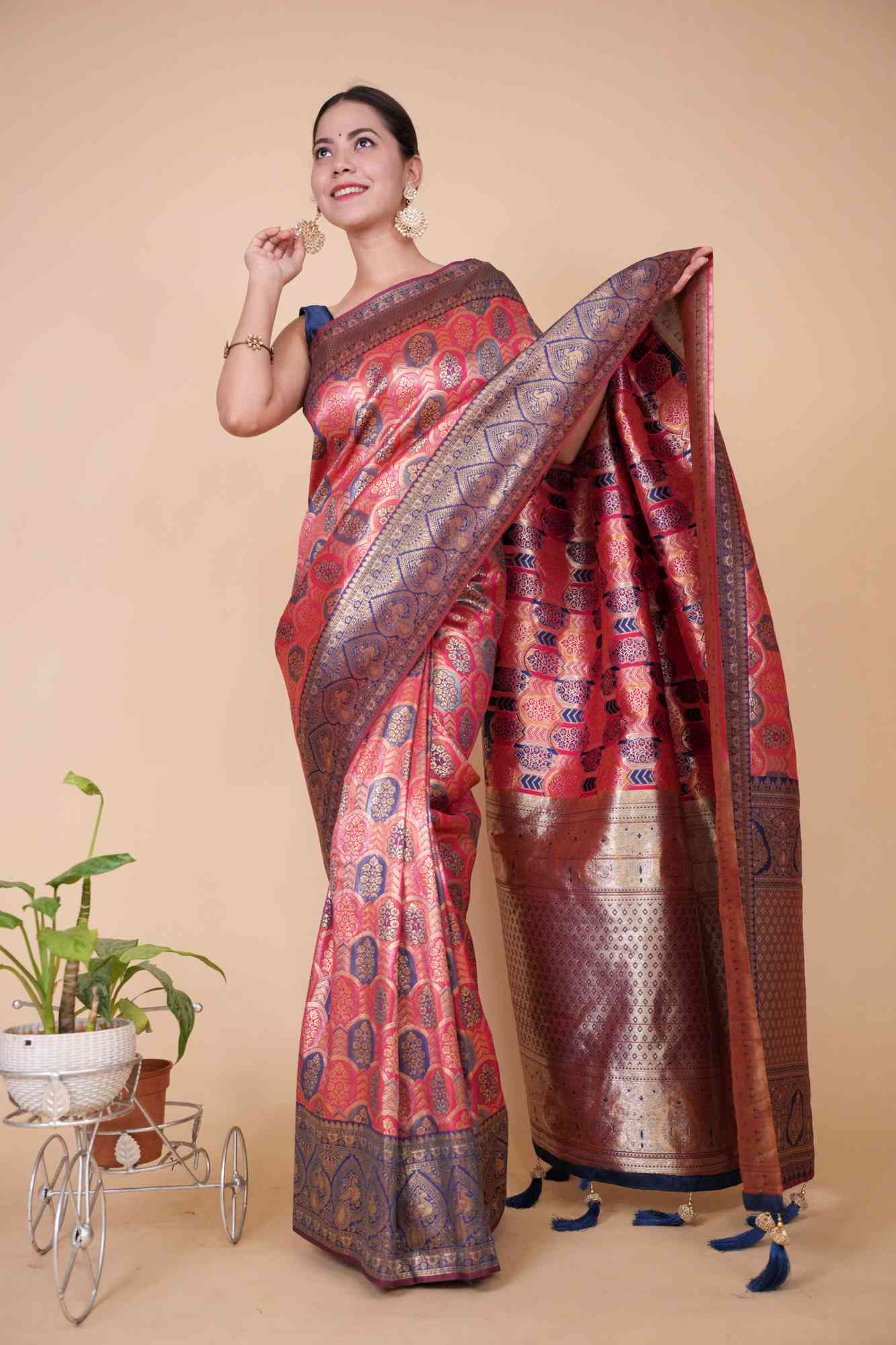 Predraped Premium Banarasi Woven with Heavy Jacquard Work & Broad Border Ready To Wear Saree