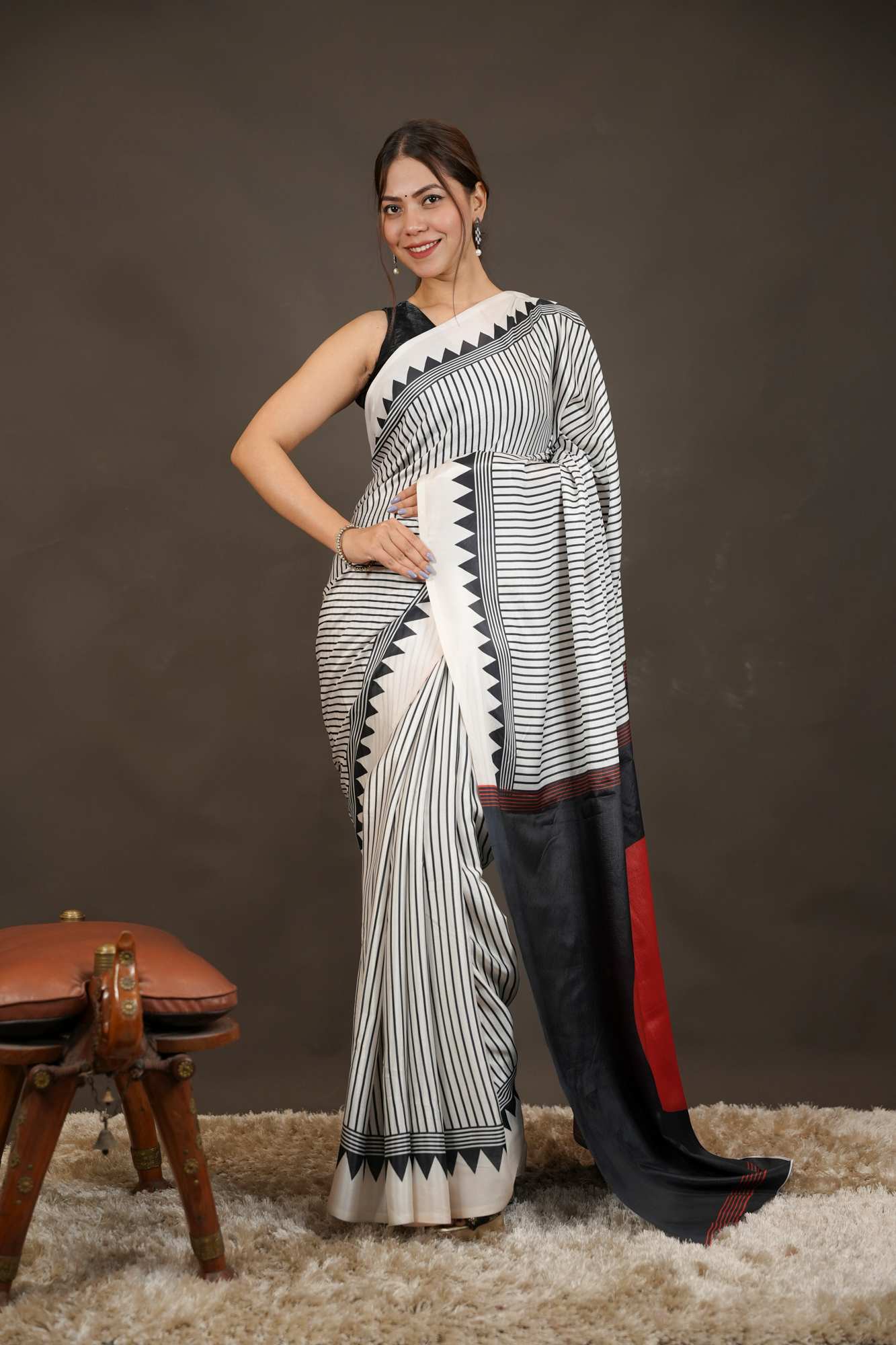 Classic Crepe Satin Geometric Border Ready-to-Wear Saree