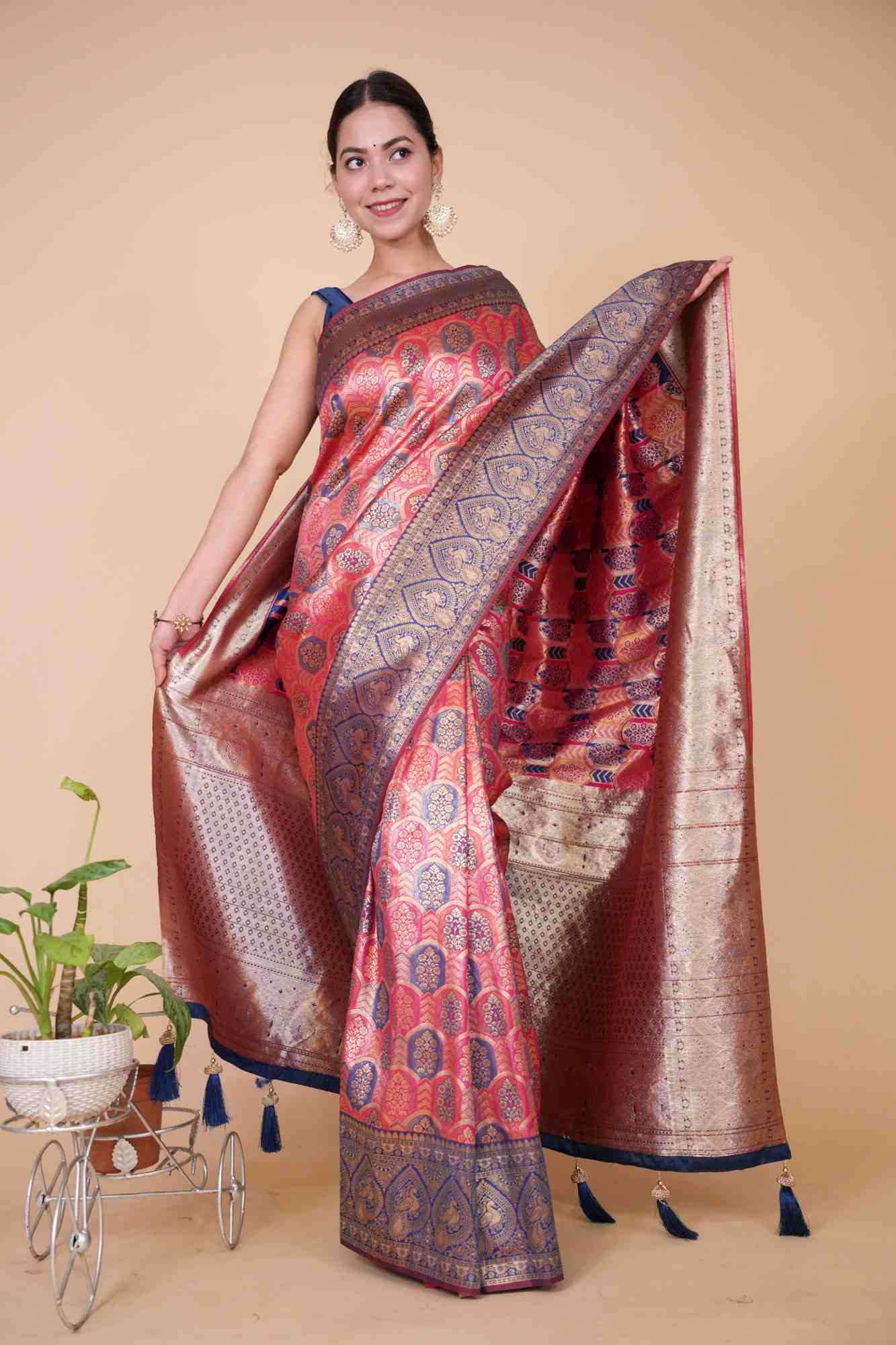 Predraped Premium Banarasi Woven with Heavy Jacquard Work & Broad Border Ready To Wear Saree