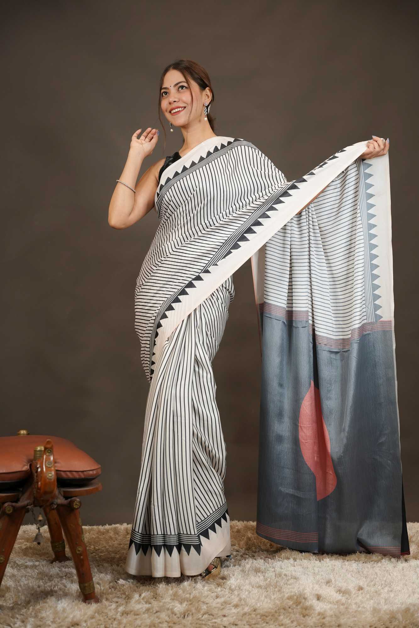 Classic Crepe Satin Geometric Border Ready-to-Wear Saree