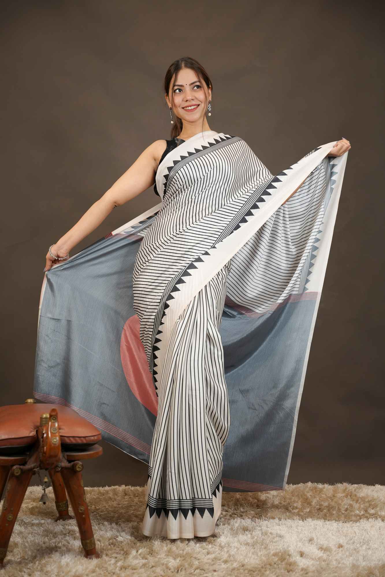 Classic Crepe Satin Geometric Border Ready-to-Wear Saree