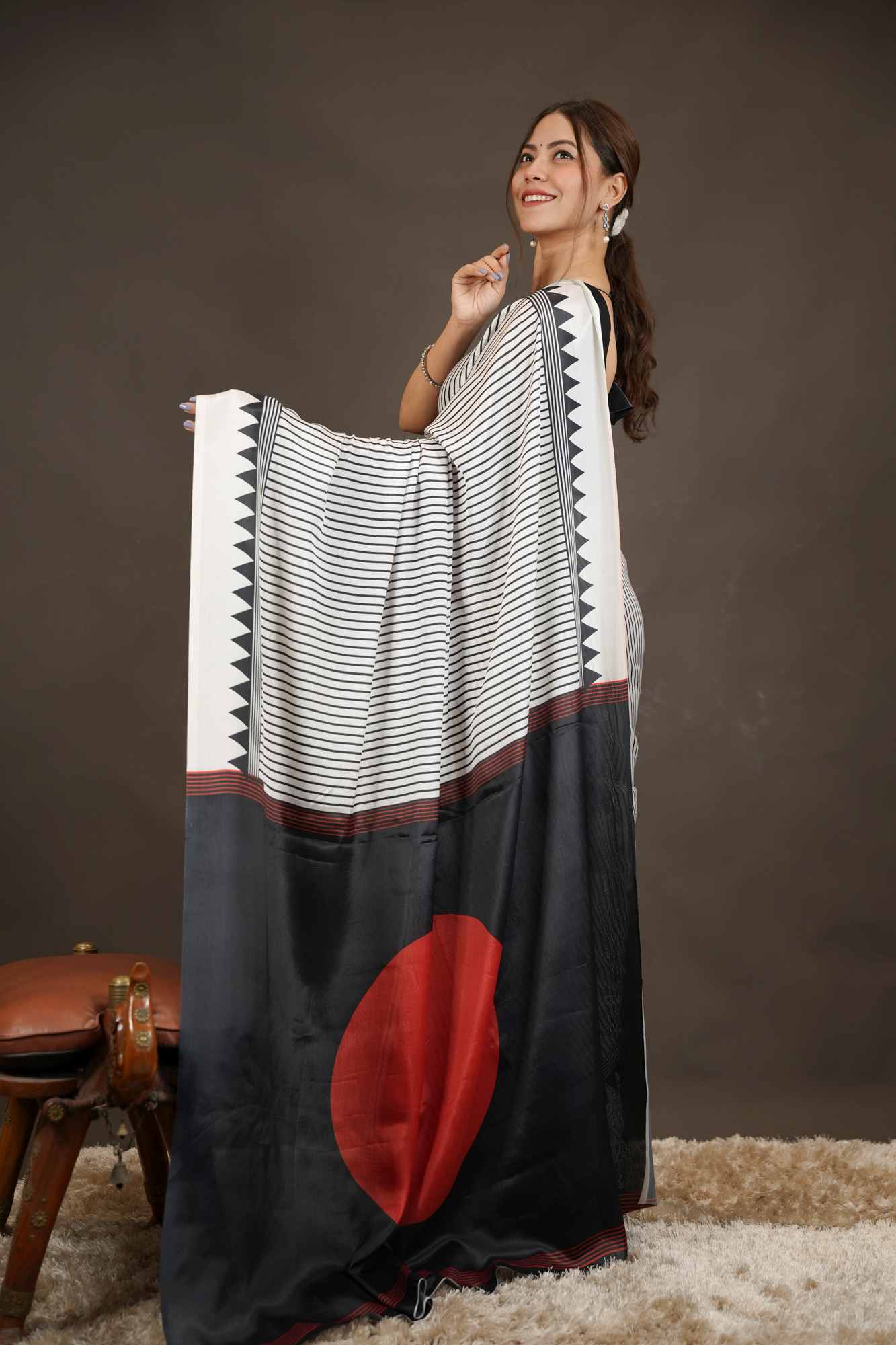 Classic Crepe Satin Geometric Border Ready-to-Wear Saree