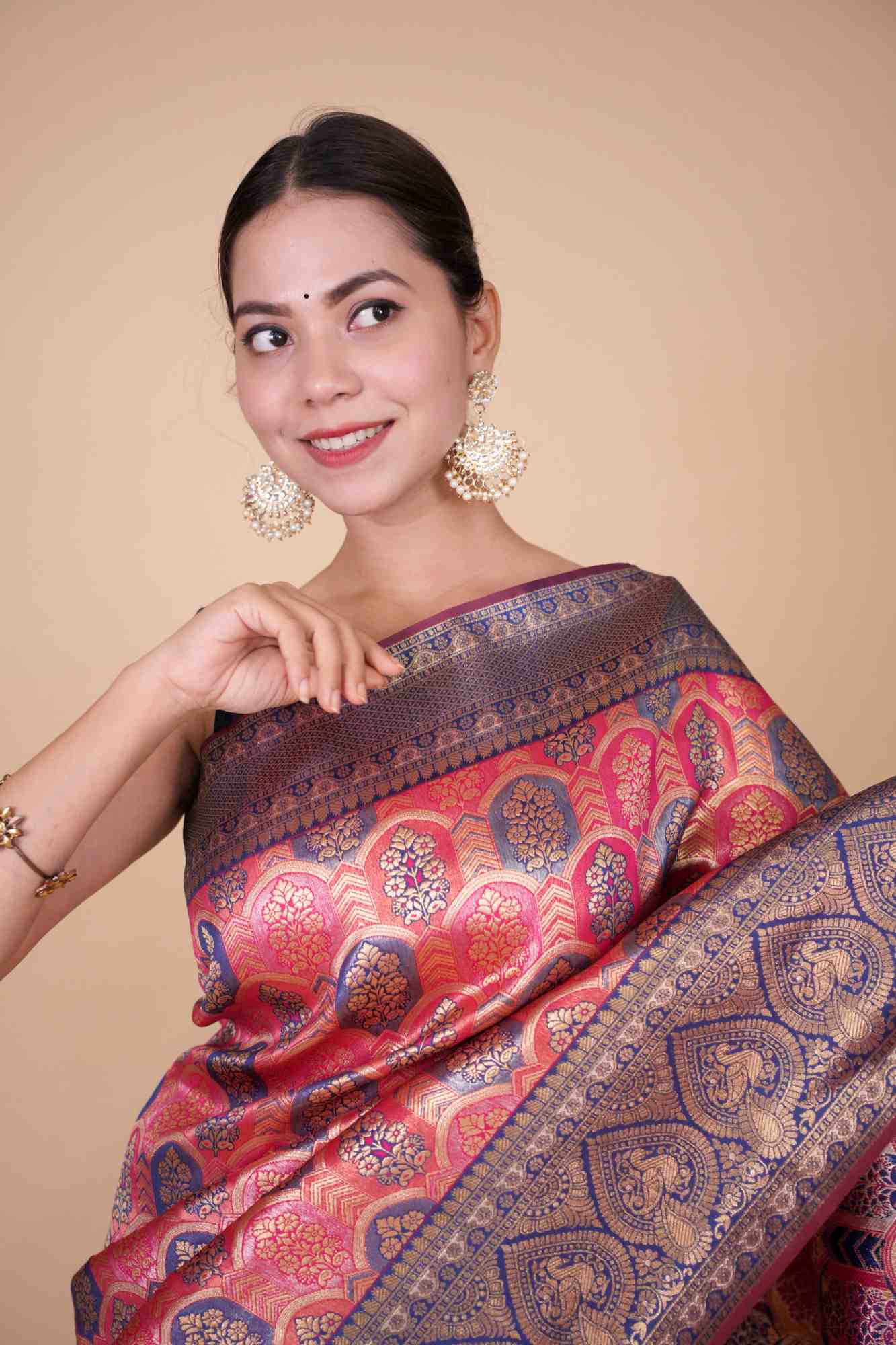 Predraped Premium Banarasi Woven with Heavy Jacquard Work & Broad Border Ready To Wear Saree