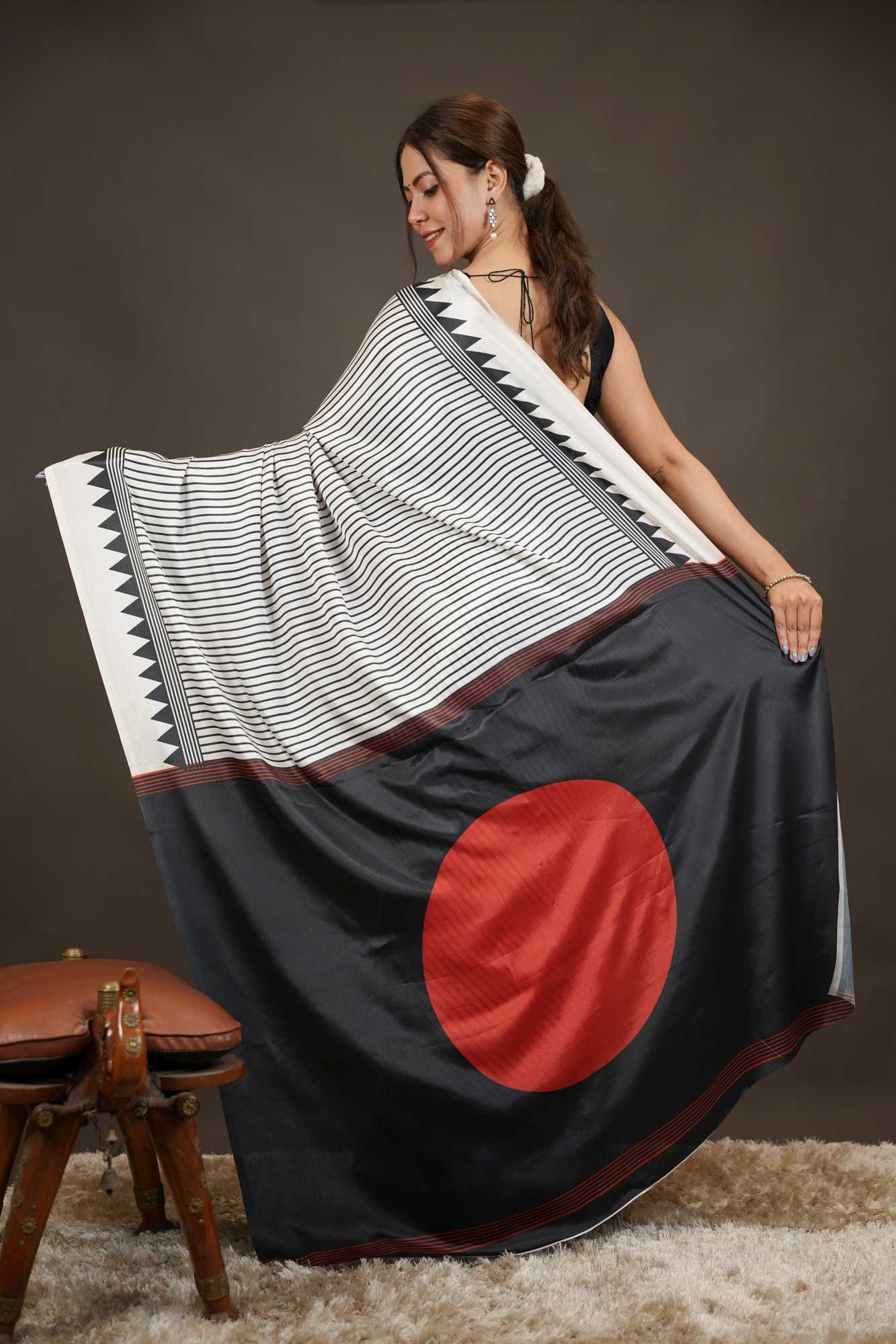 Classic Crepe Satin Geometric Border Ready-to-Wear Saree