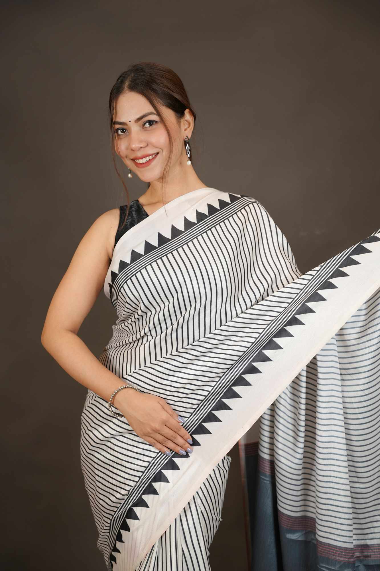 Classic Crepe Satin Geometric Border Ready-to-Wear Saree