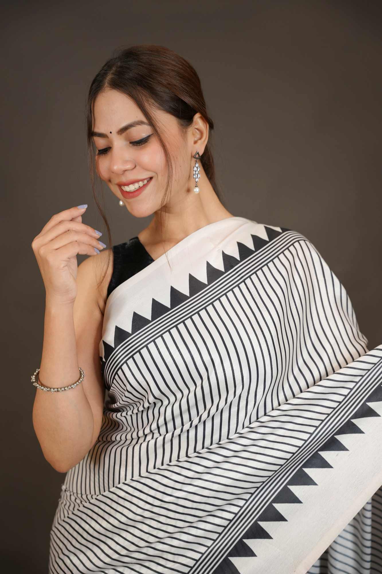 Classic Crepe Satin Geometric Border Ready-to-Wear Saree