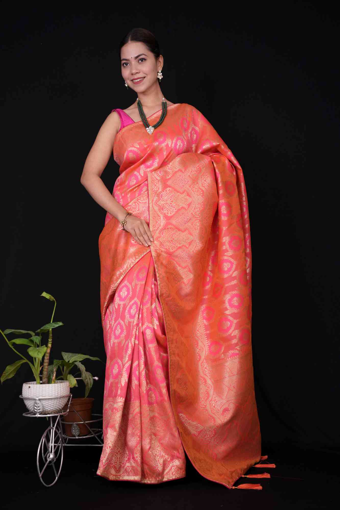 Ready to Wear Banarasi With Golden Zari Woven & Tassels On Palla Pre-stitched Saree