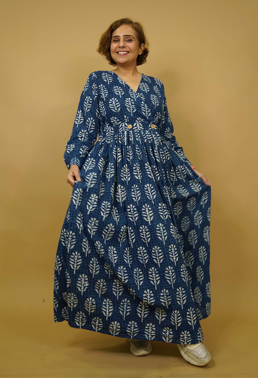 Beautiful Indigo Printed Cotton Overlapping Style  Summer Designer Dress