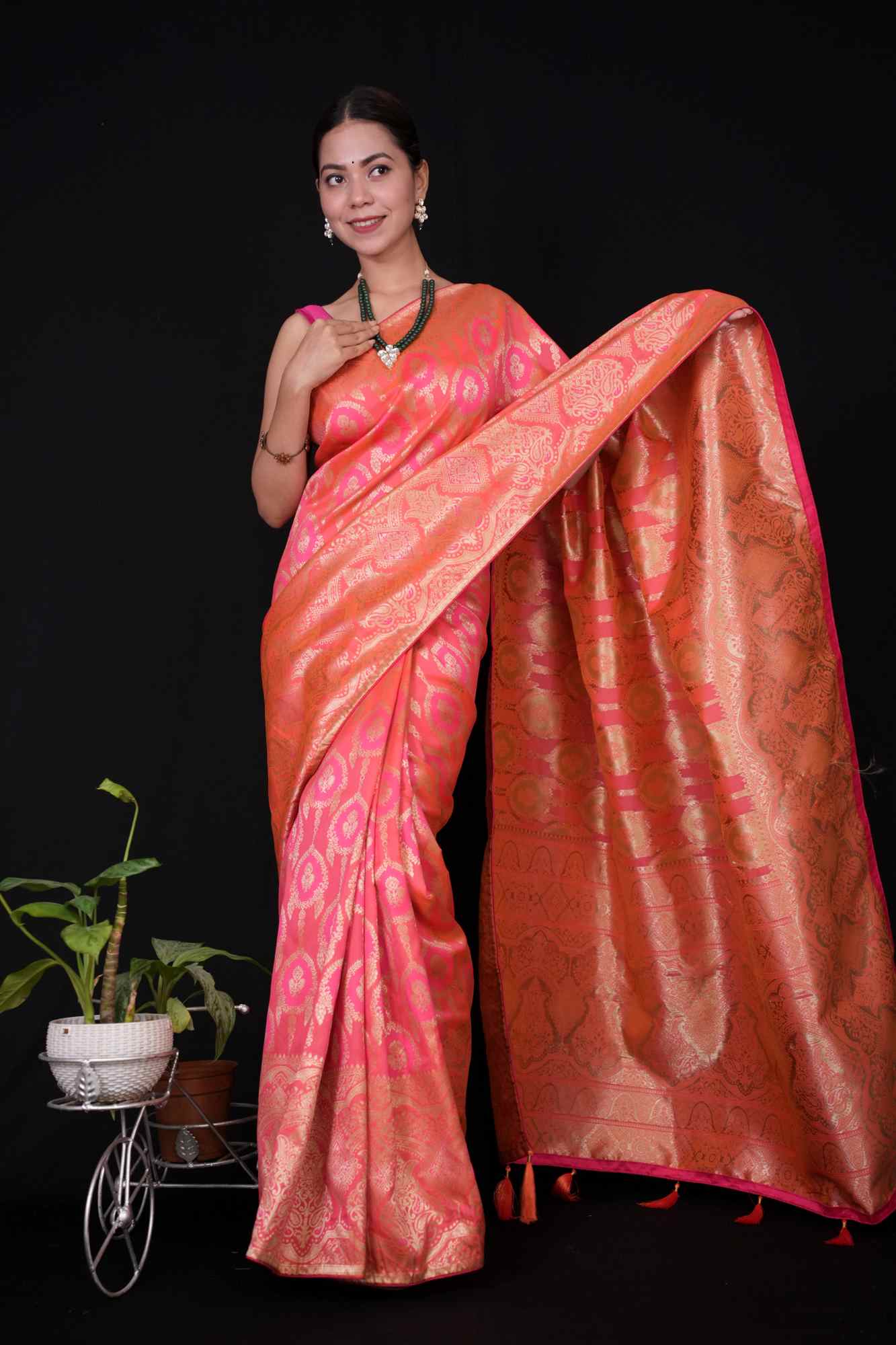 Ready to Wear Banarasi With Golden Zari Woven & Tassels On Palla Pre-stitched Saree