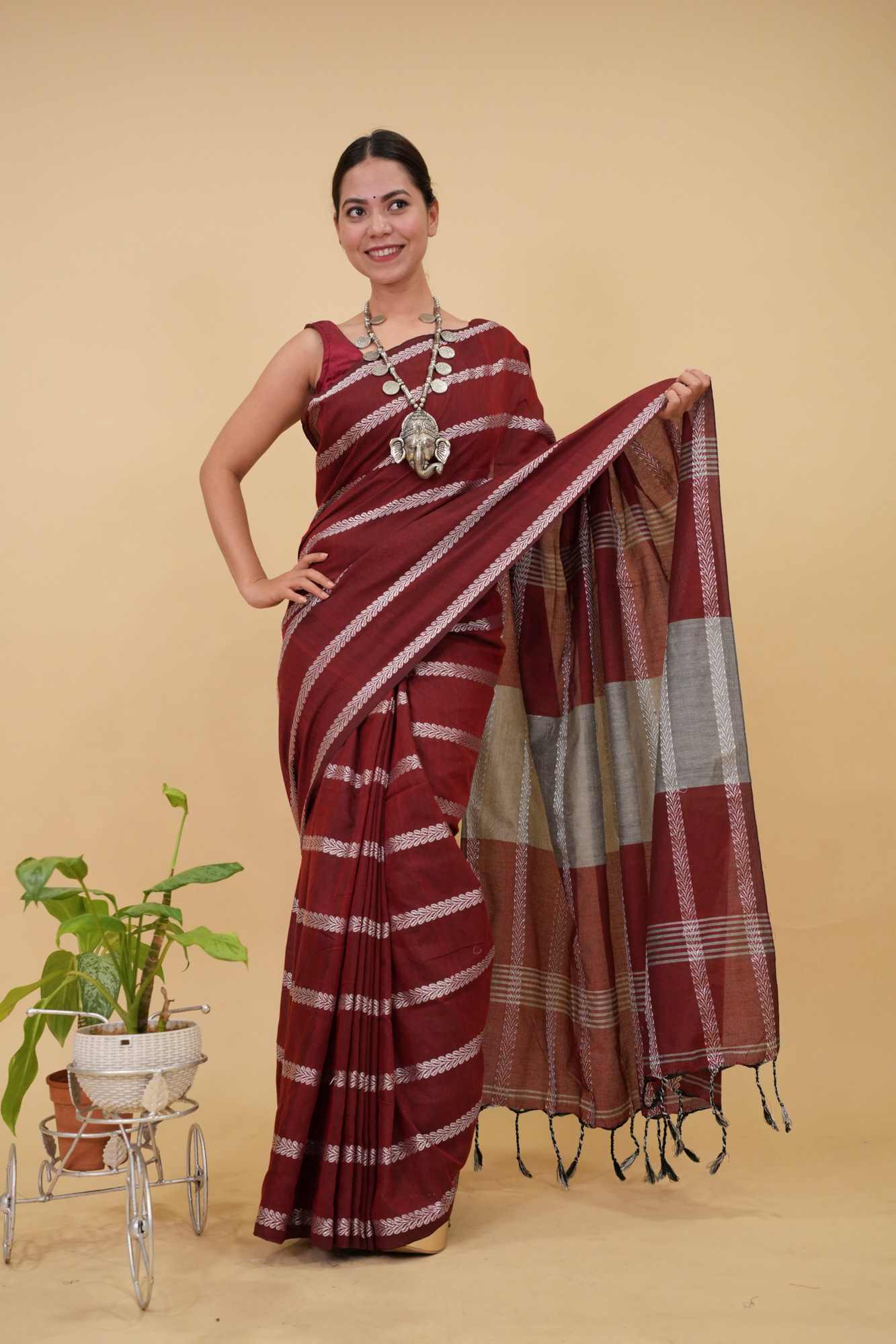 Traditional Naksha Weave  Red Maroon With Silver Thread Overall With Tassels On Pallu Pre Drape Saree