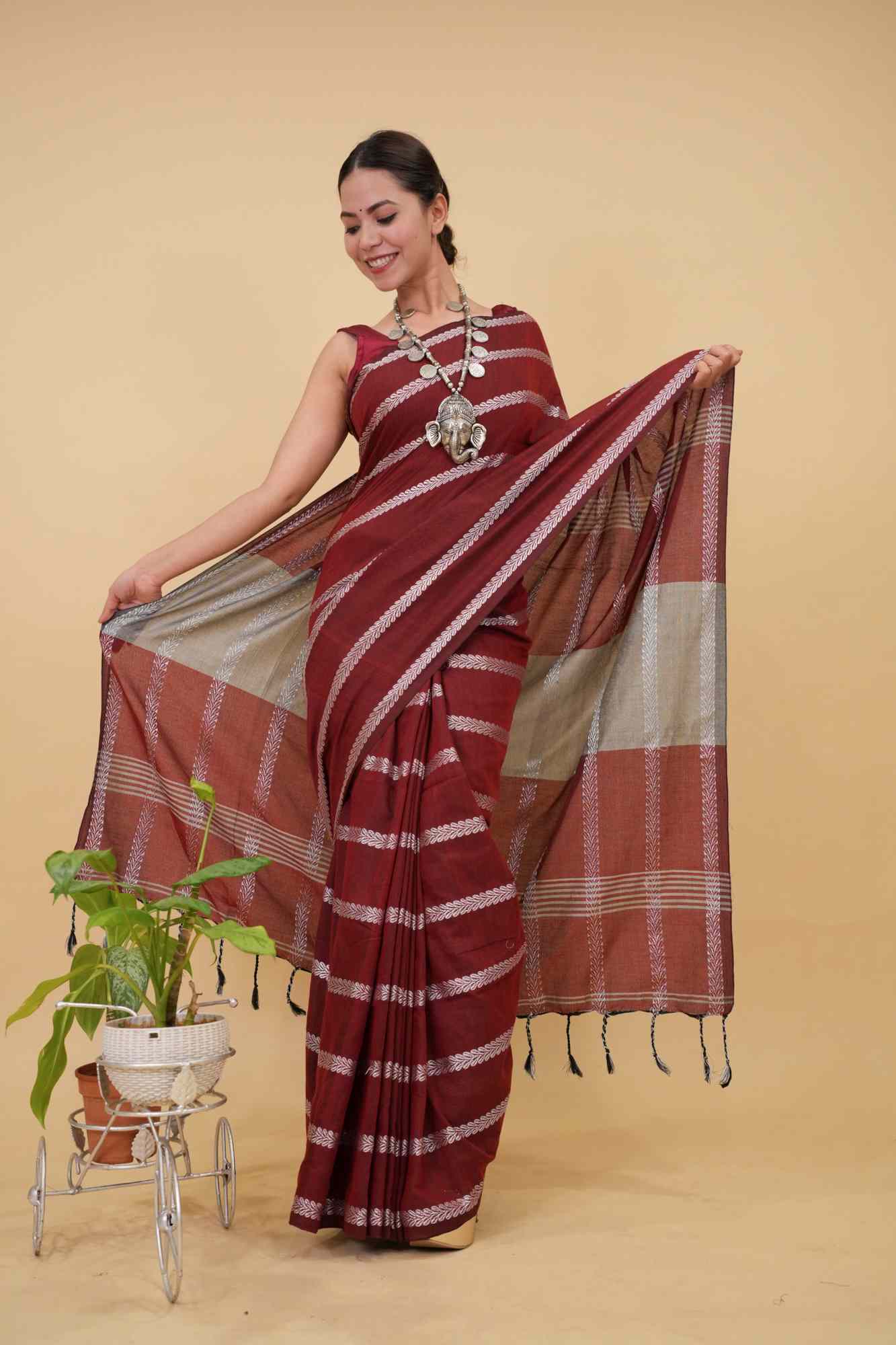 Traditional Naksha Weave  Red Maroon With Silver Thread Overall With Tassels On Pallu Pre Drape Saree