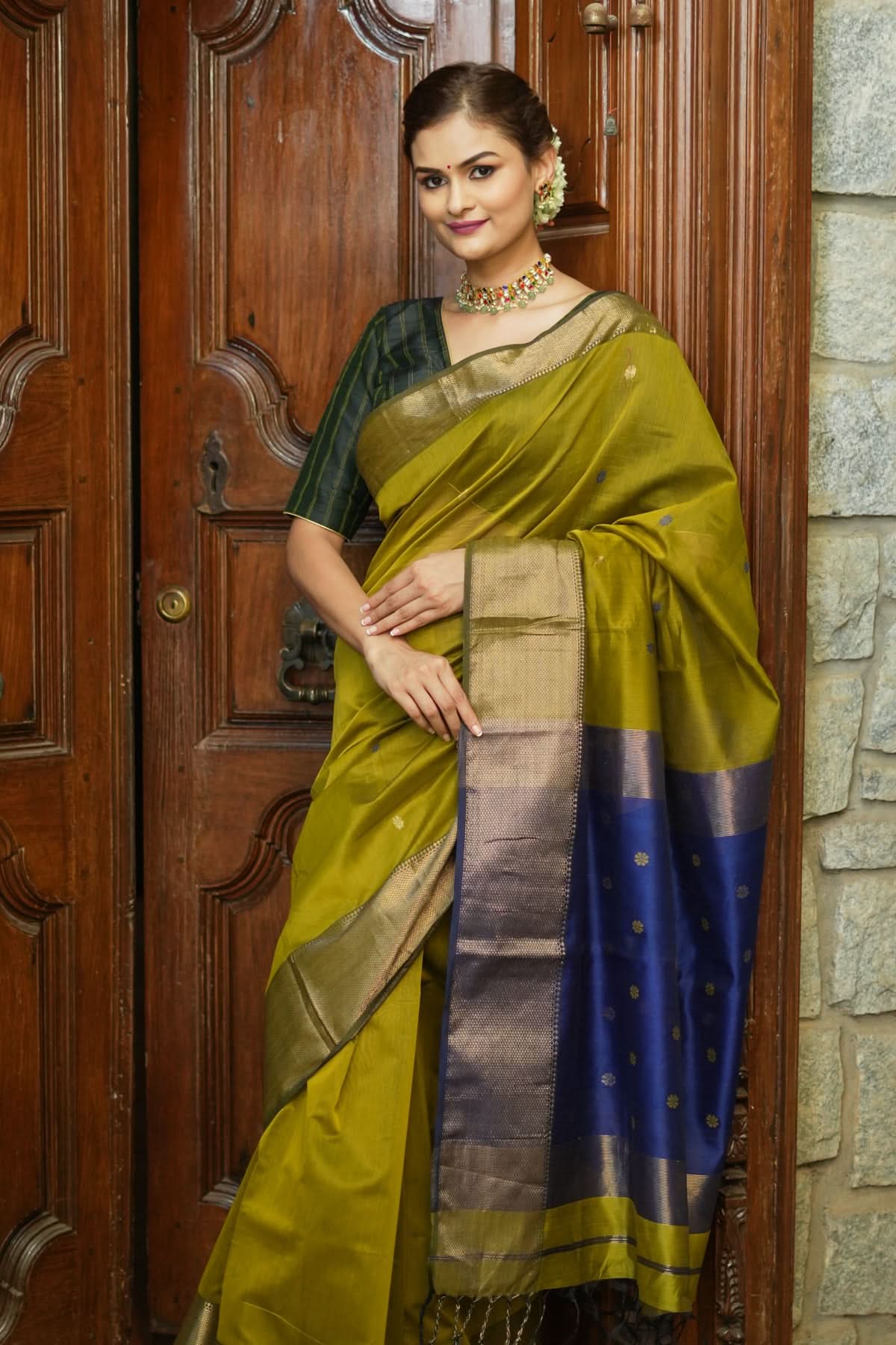 Handwoven Maheshwari Silk Cotton Saree in Moss Green with zari borders | Shobitam