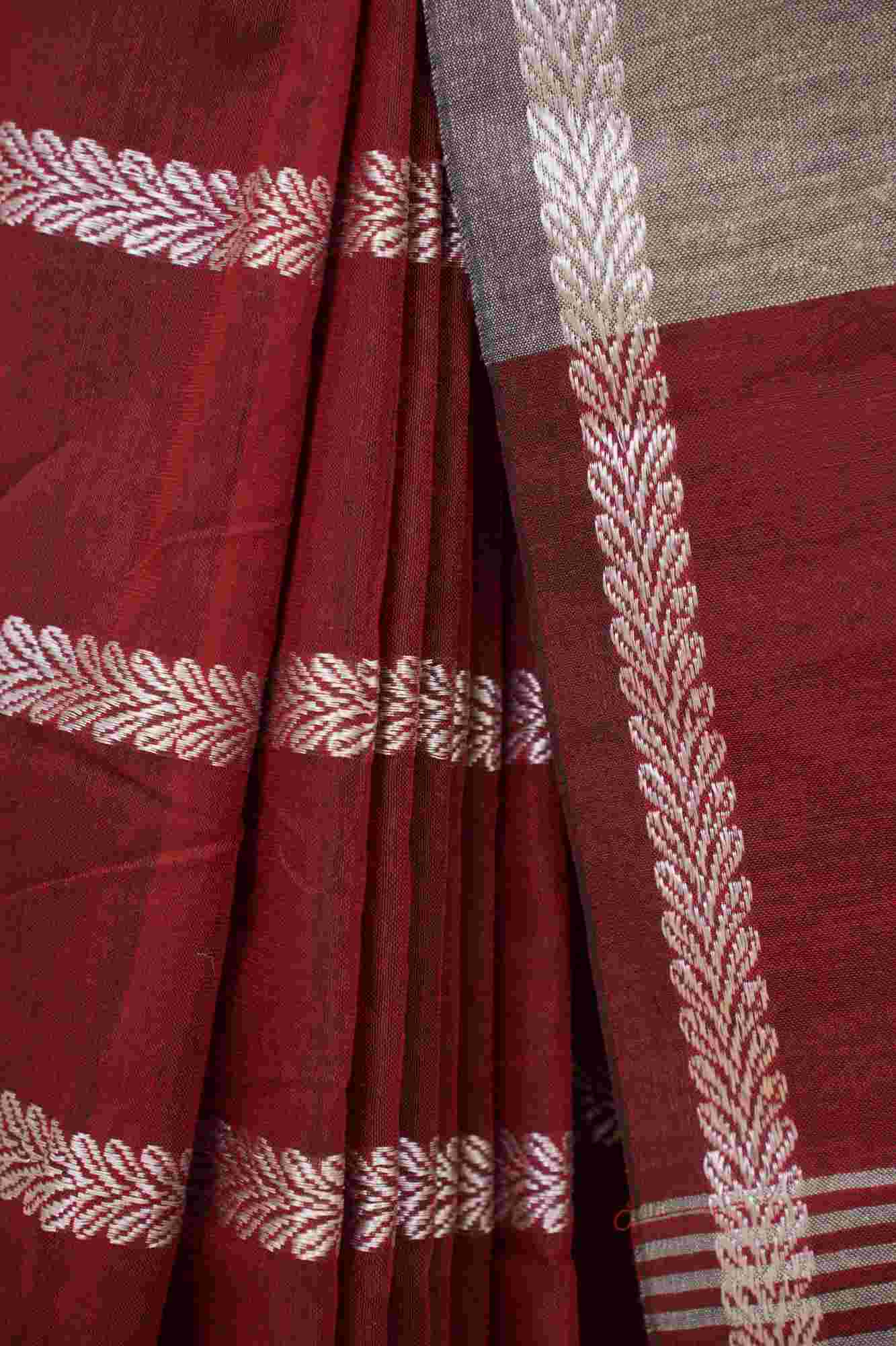 Traditional Naksha Weave  Red Maroon With Silver Thread Overall With Tassels On Pallu Pre Drape Saree