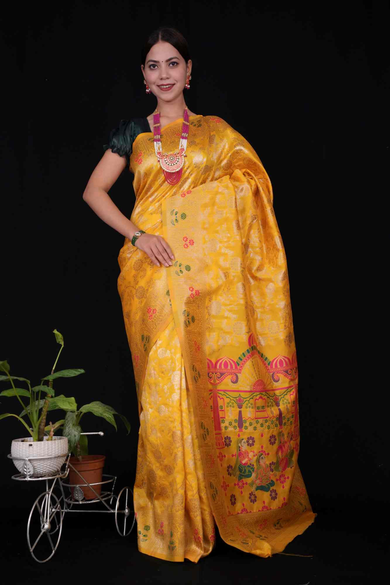 Musturd Yellow Zari Jaal Woven Overall With Pichwai Woven Multicolor Palla Ready To Wear saree