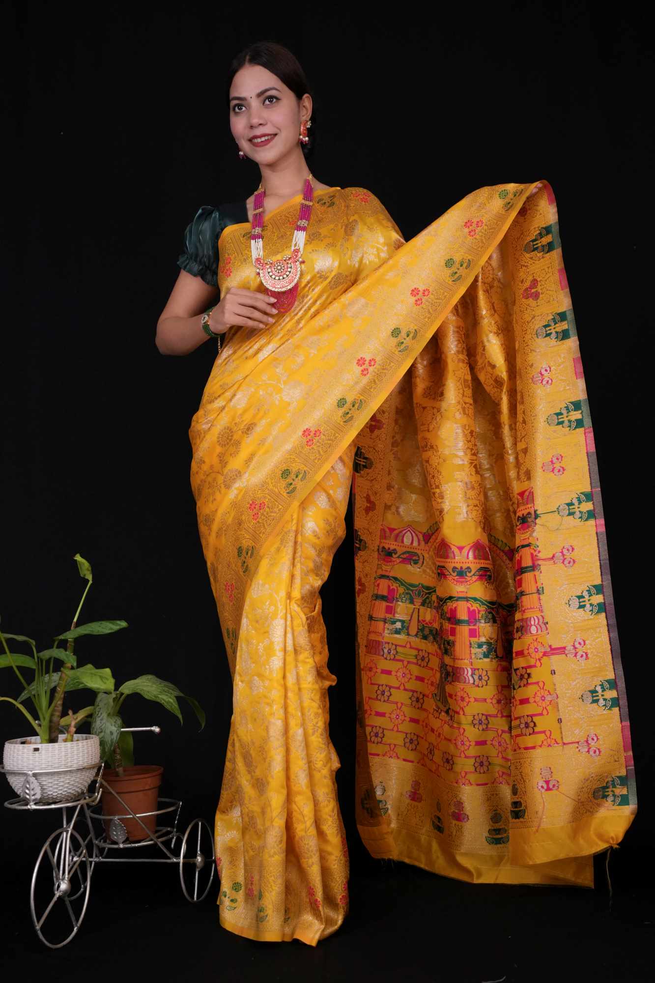 Musturd Yellow Zari Jaal Woven Overall With Pichwai Woven Multicolor Palla Ready To Wear saree