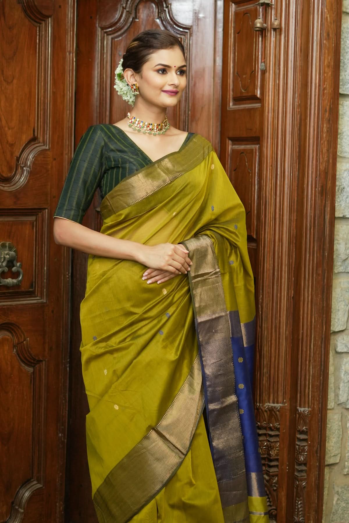 Handwoven Maheshwari Silk Cotton Saree in Moss Green with zari borders | Shobitam