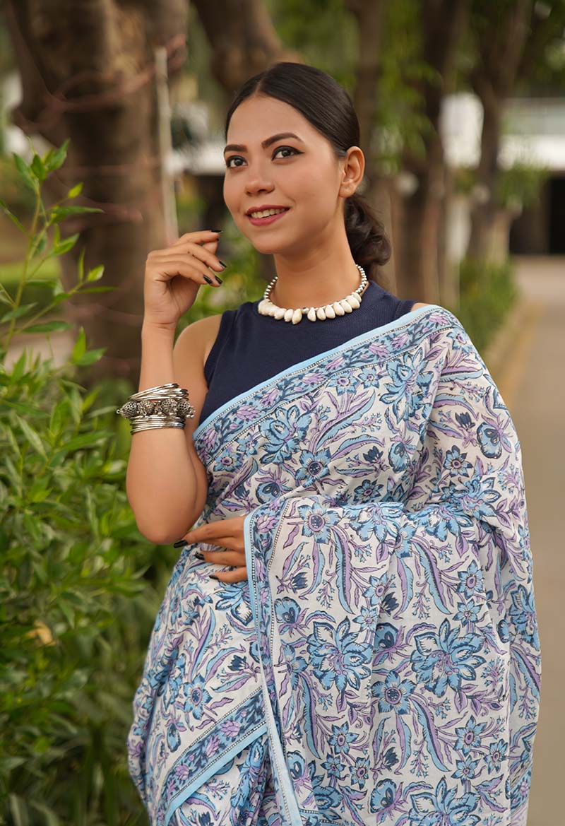 Beautiful outdoorsy feel jaipuri sanganeri mulmul ready made saree