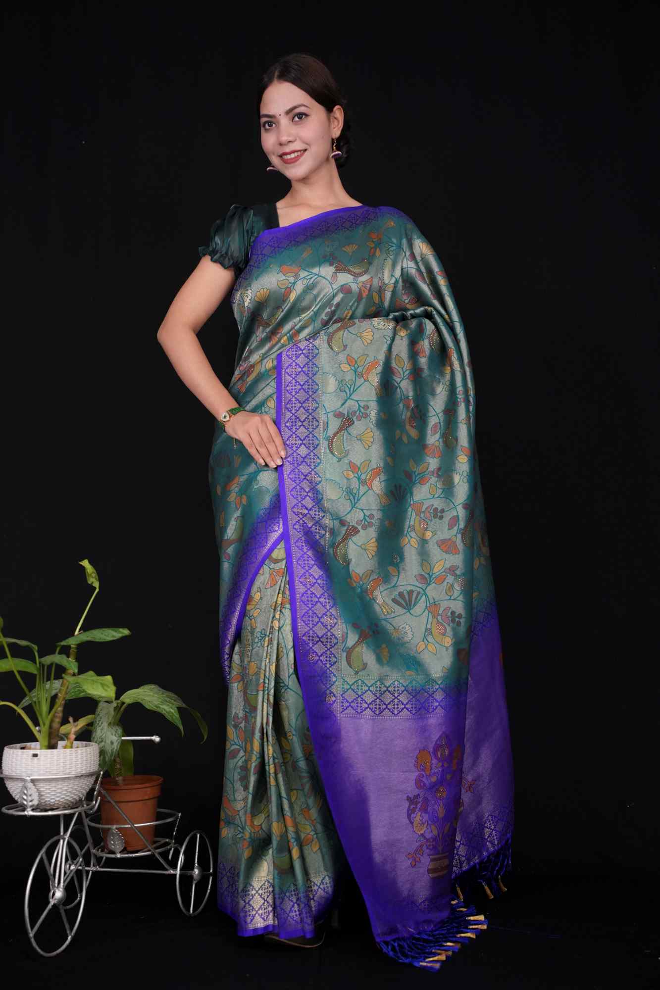 Dhoop Chaav Kanjivaram With Contrast Zari Border & Overall  Kalamkari Art weave Wrap in 1 minute saree