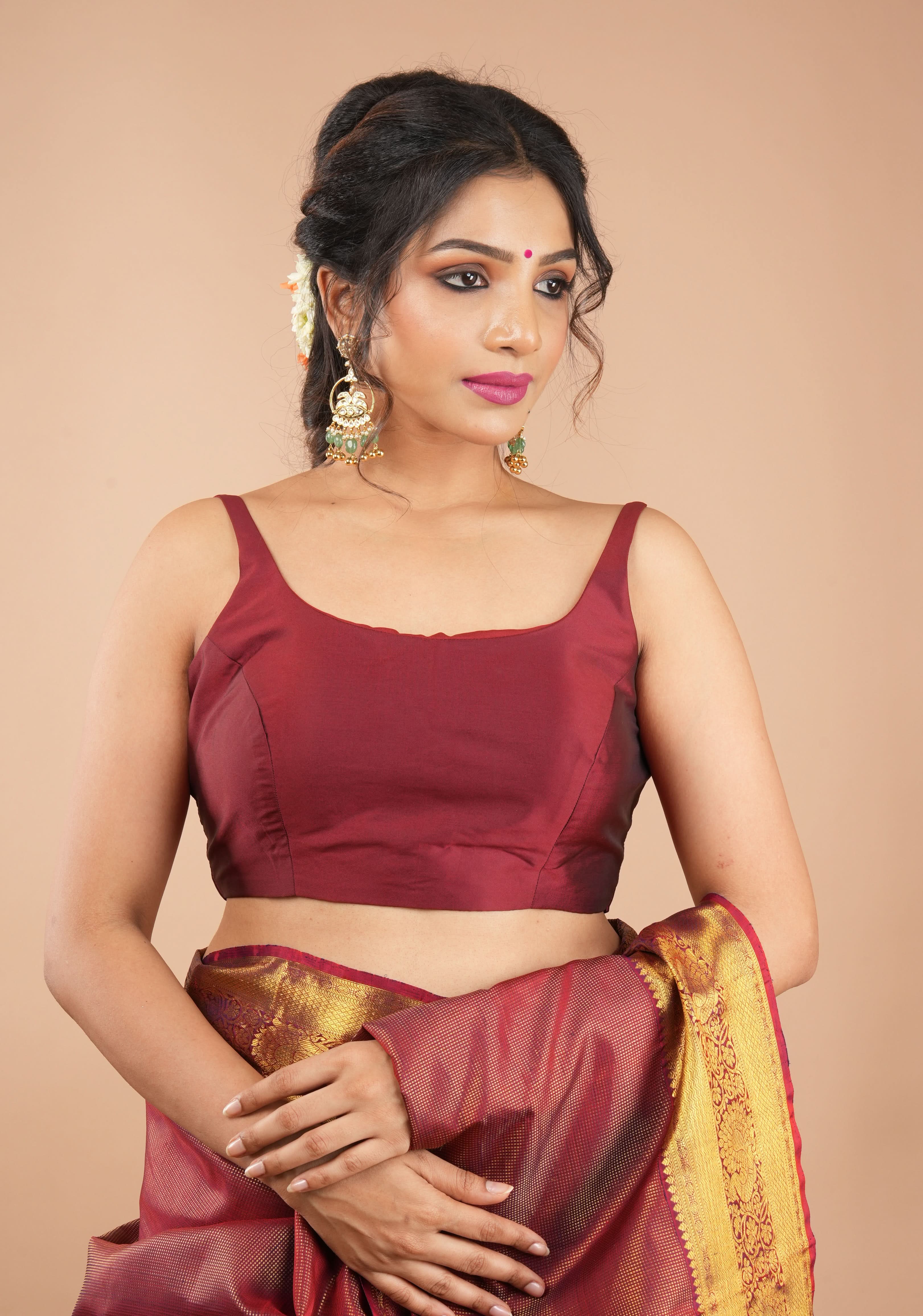 Maroon Thin Strap Sleeveless Silk Blouse with Scoop Neck Front, Colors Customizable | Shobitam