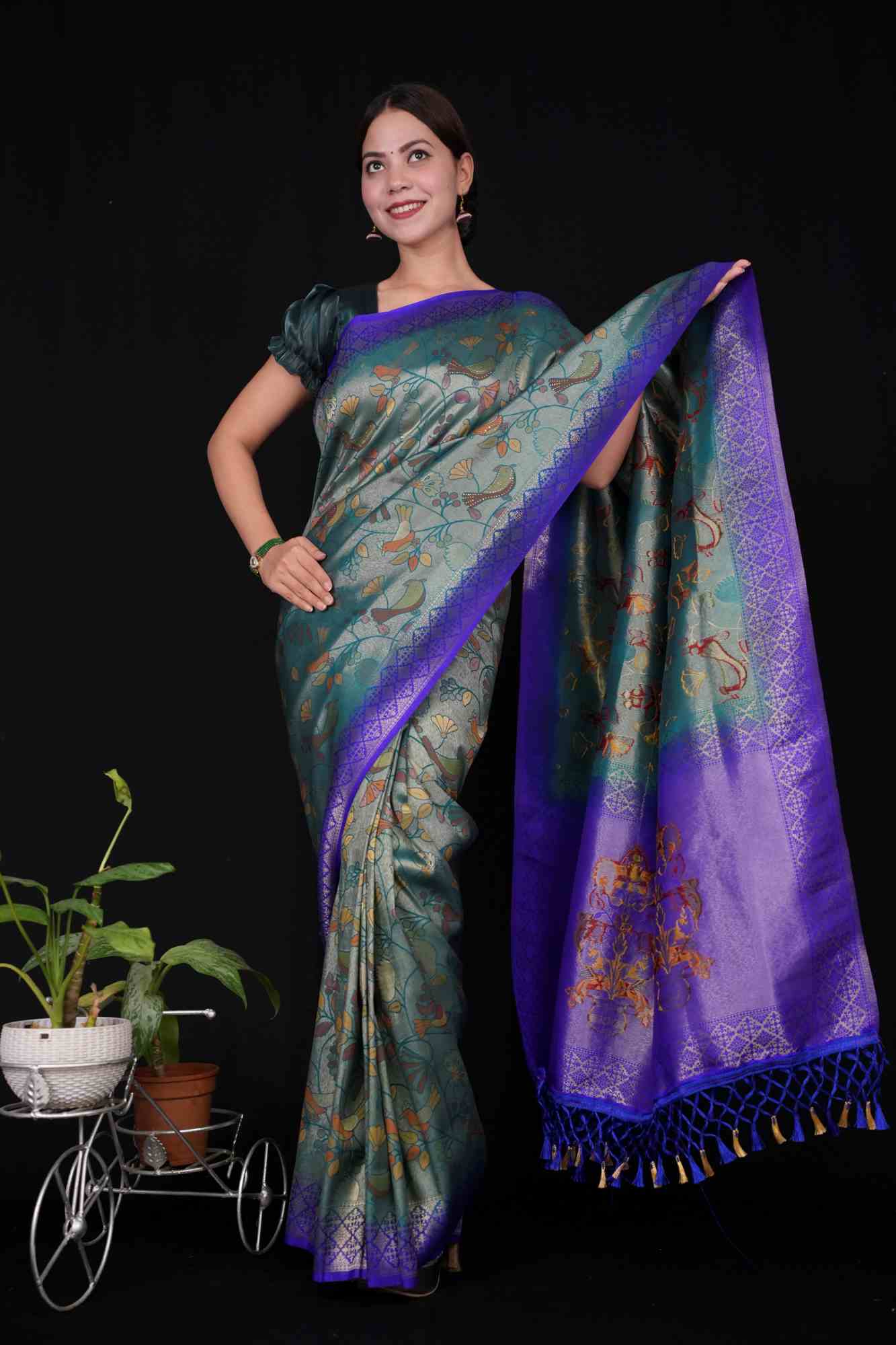 Dhoop Chaav Kanjivaram With Contrast Zari Border & Overall  Kalamkari Art weave Wrap in 1 minute saree