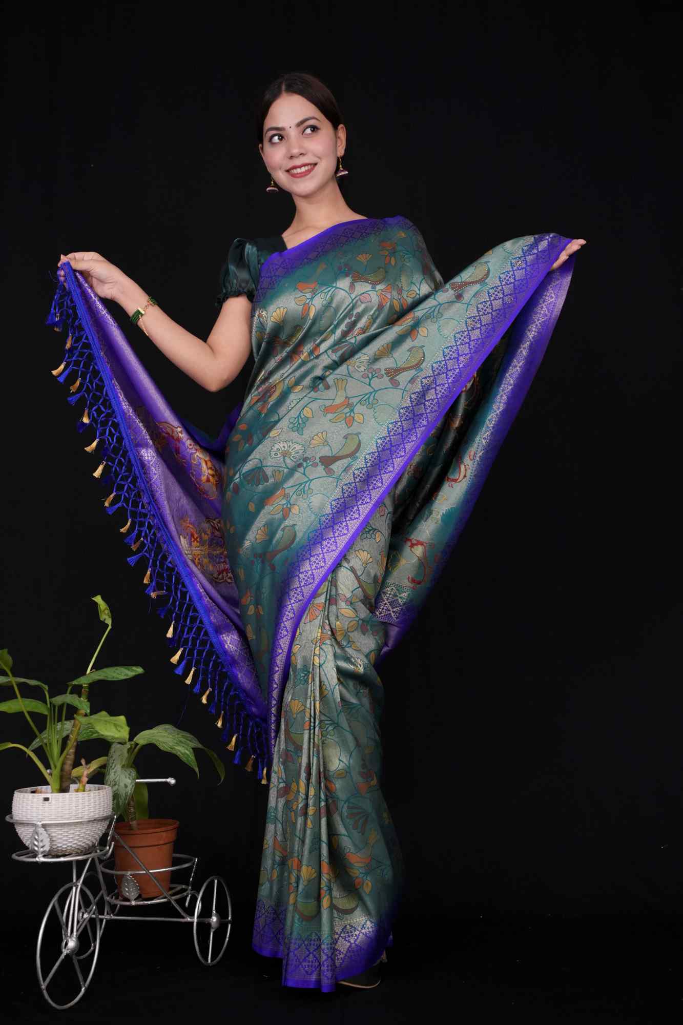 Dhoop Chaav Kanjivaram With Contrast Zari Border & Overall  Kalamkari Art weave Wrap in 1 minute saree