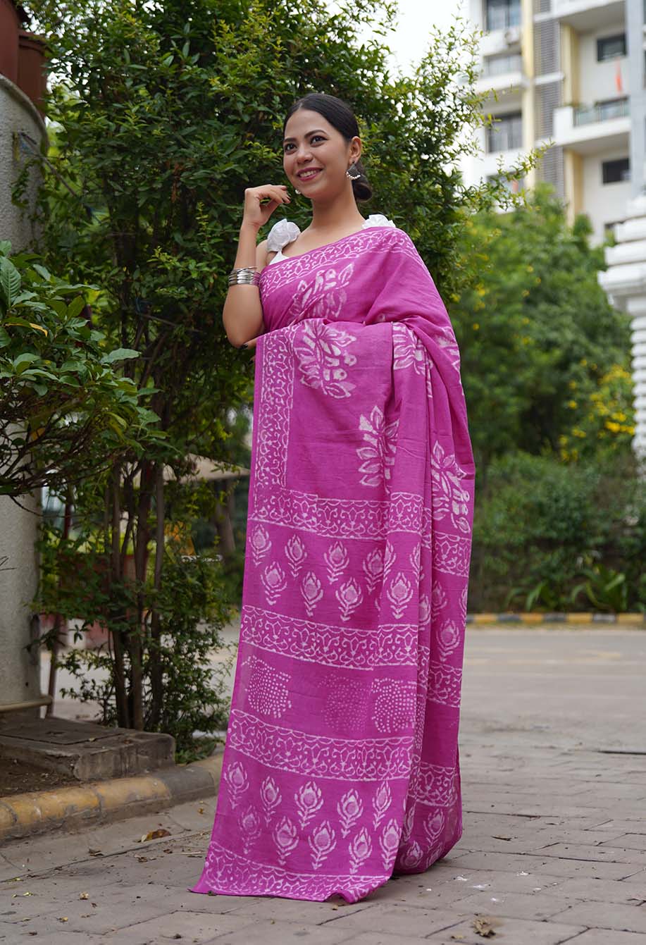 Pretty Pink Ready to Wear Saree in Handblock Print Mal mal saree