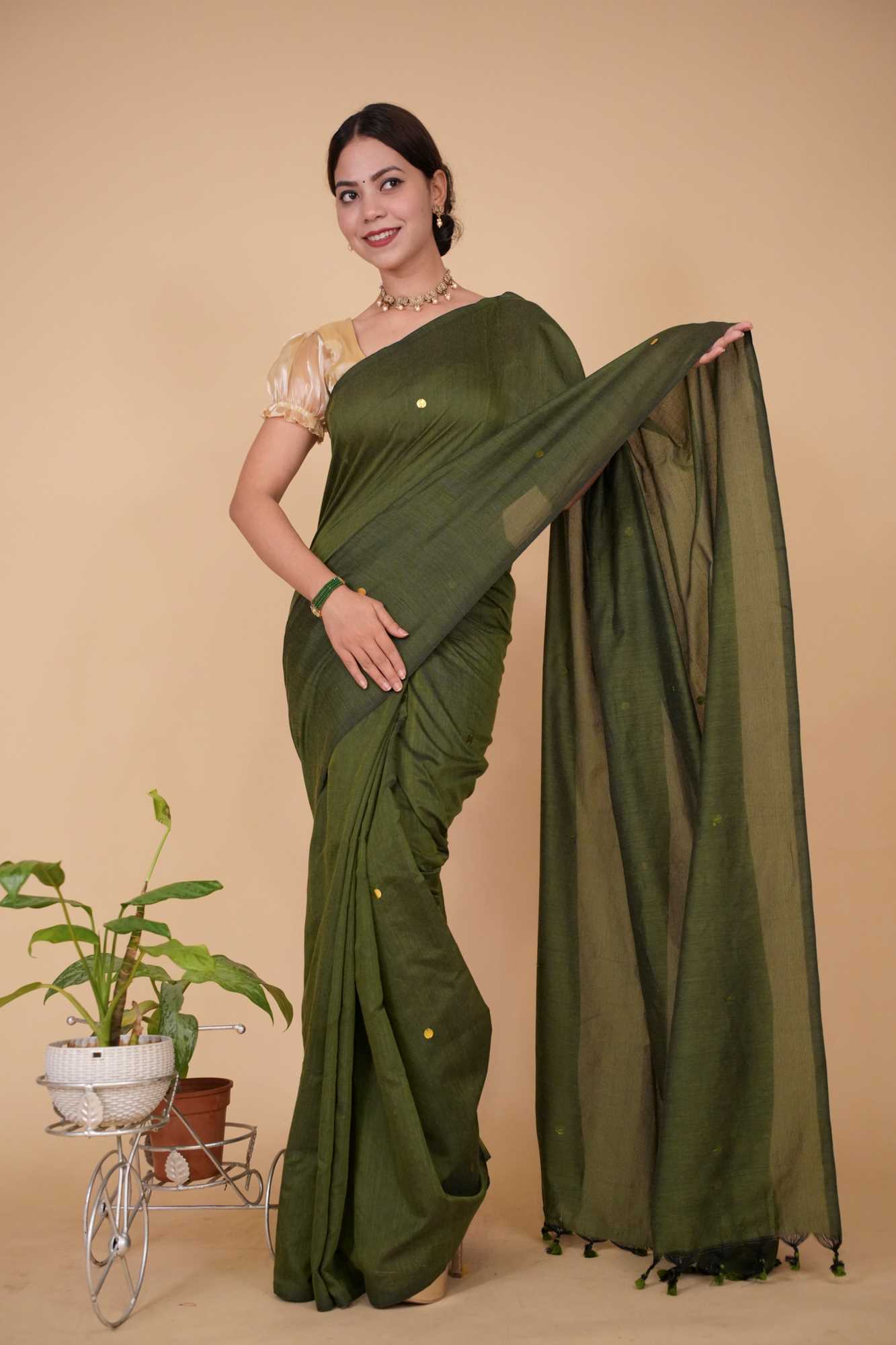 Prestitched Khadi Cotton Handloom With  overall tiki & Tassels on Pallu  Wrap in 1 minute Saree