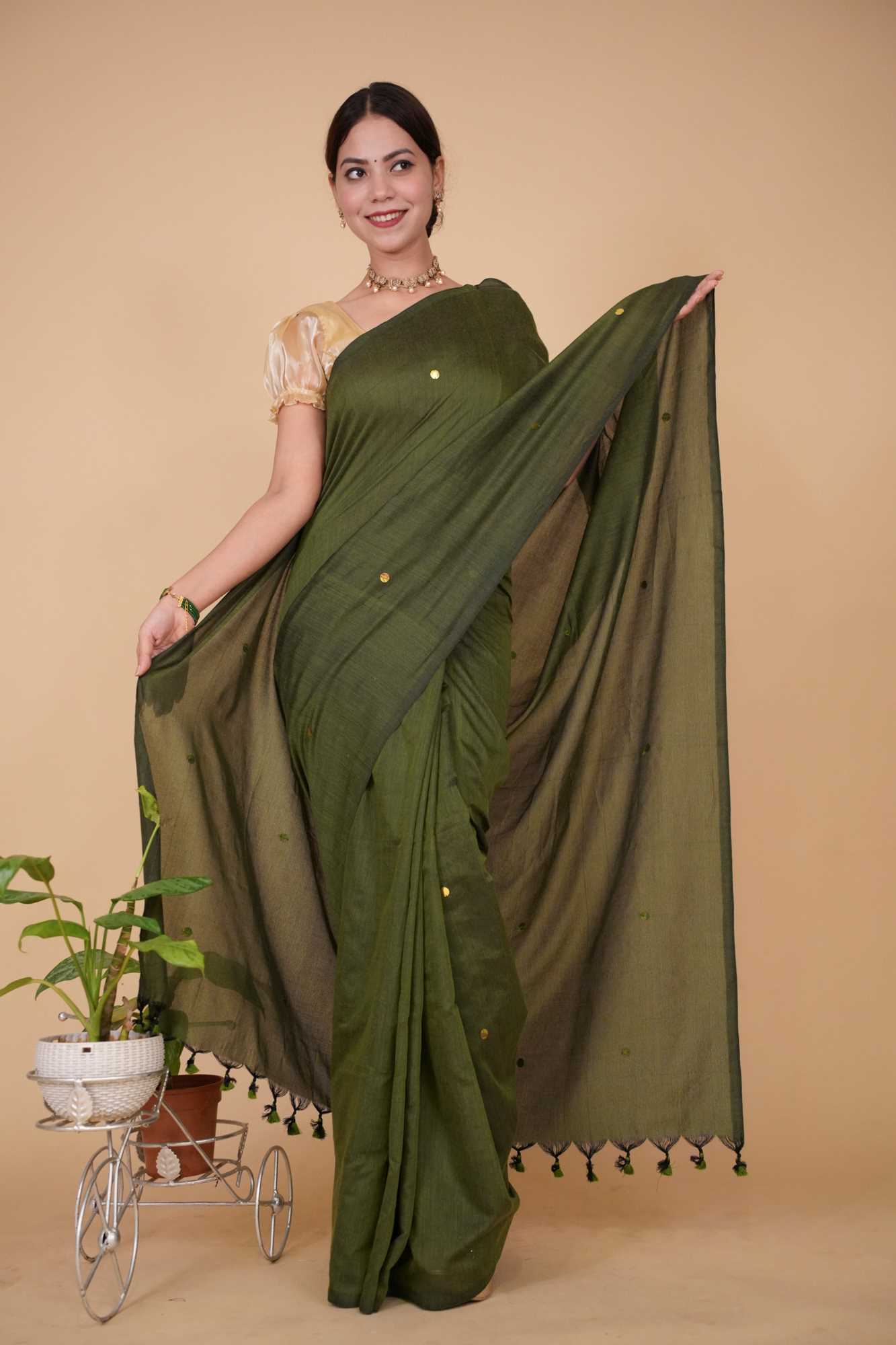 Prestitched Khadi Cotton Handloom With  overall tiki & Tassels on Pallu  Wrap in 1 minute Saree